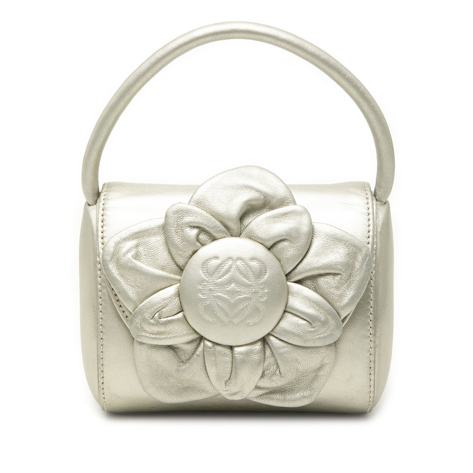 LOEWE Anagram Flower Metallic Leather Top Handle Bag: LOEWE Anagram Flower Metallic Leather Top Handle Bag LOEWE Metallic Leather Anagram Flower Handbag crafted in silver leather with a rolled top handle and a front flap with magnetic snap closure. Made 