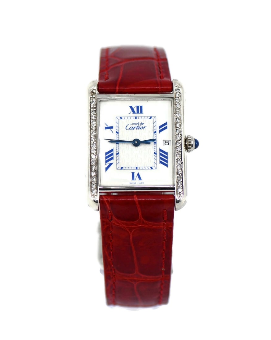 Cartier Must Diamond Silver Watch with Red Leather Band Ref 2414: Cartier Must Diamond Silver Watch with Red Leather Band Ref 2414 This exquisite Cartier Must Diamond Wristwatch combines elegance and functionality. Featuring a striking diamond bezel, this timepiece 