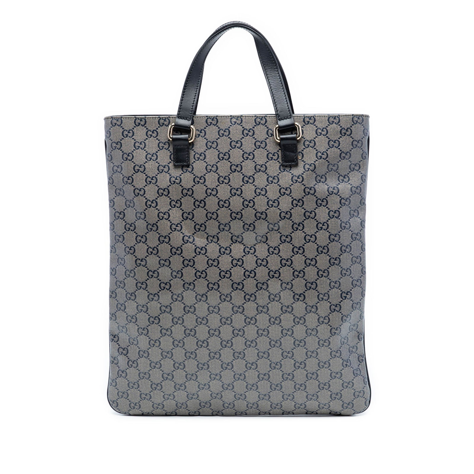 Gucci Gray Coated Canvas Tote GG Crystal: Gucci Gray Coated Canvas Tote GG Crystal This Gucci GG Crystal Tote features a coated canvas exterior with flat leather straps and an open top secured by a magnetic snap closure. The interior includes