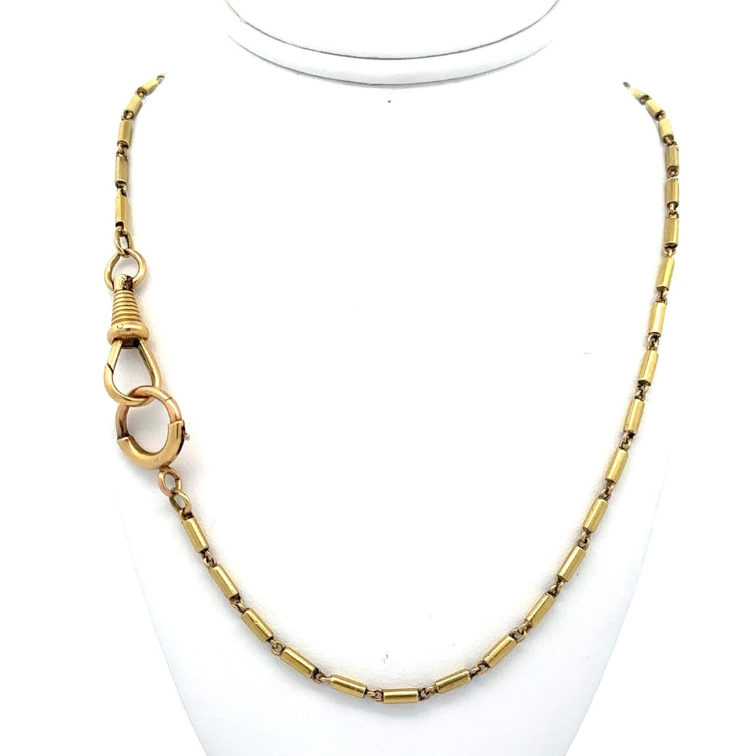 15 Yellow Gold Cylinder Tube Link Pocket Watch Chain Necklace: 15 Yellow Gold Cylinder Tube Link Pocket Watch Chain Necklace This antique pocket watch chain necklace features a classic cylinder tube link design crafted from solid 16-18k yellow gold. Measuring 15 