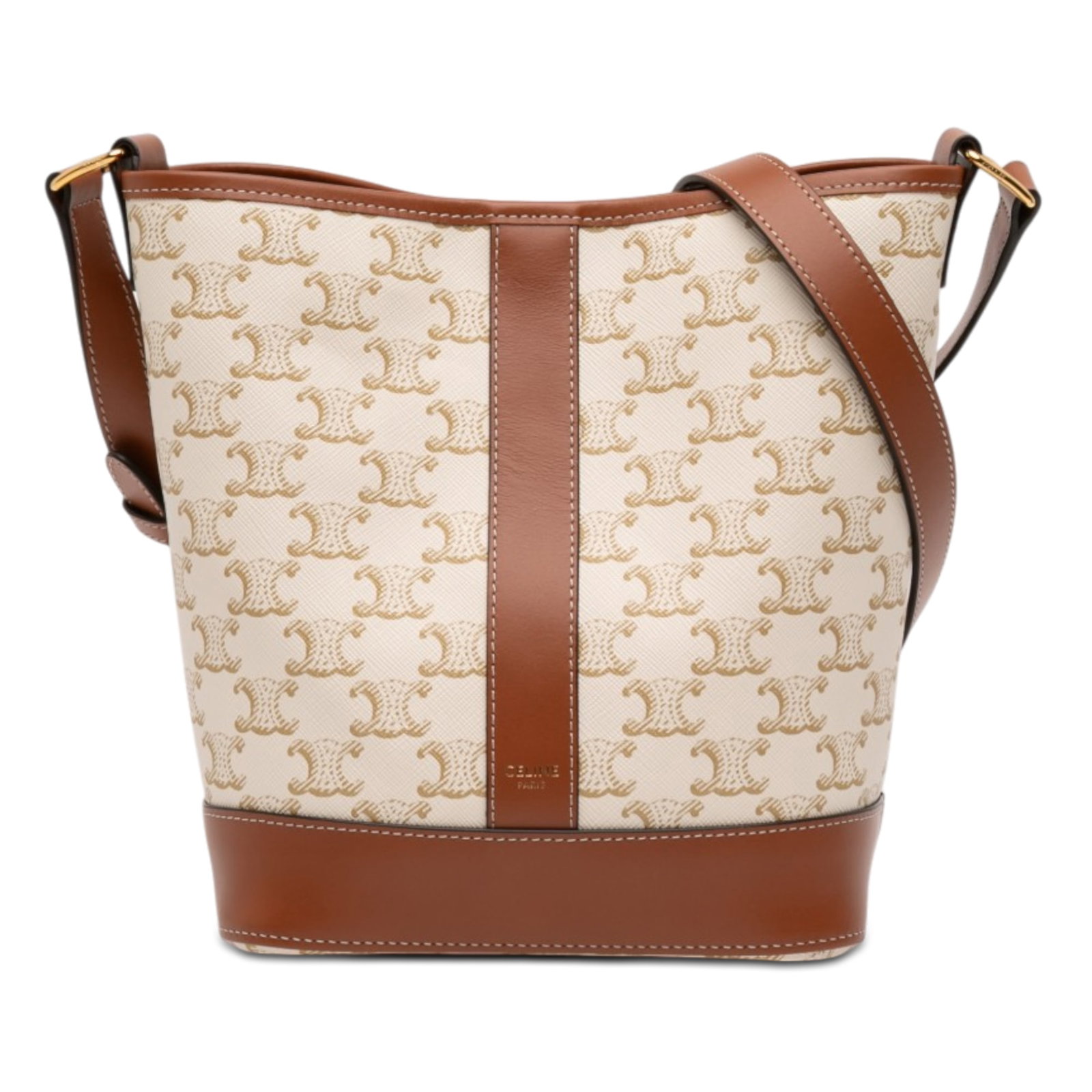 Celine Triomphe Small Bucket Bag in Coated Canvas: Celine Triomphe Small Bucket Bag in Coated Canvas Small Triomphe bucket bag with a coated canvas body, leather trim, and an adjustable flat leather shoulder strap. It has an open top with a snap closu