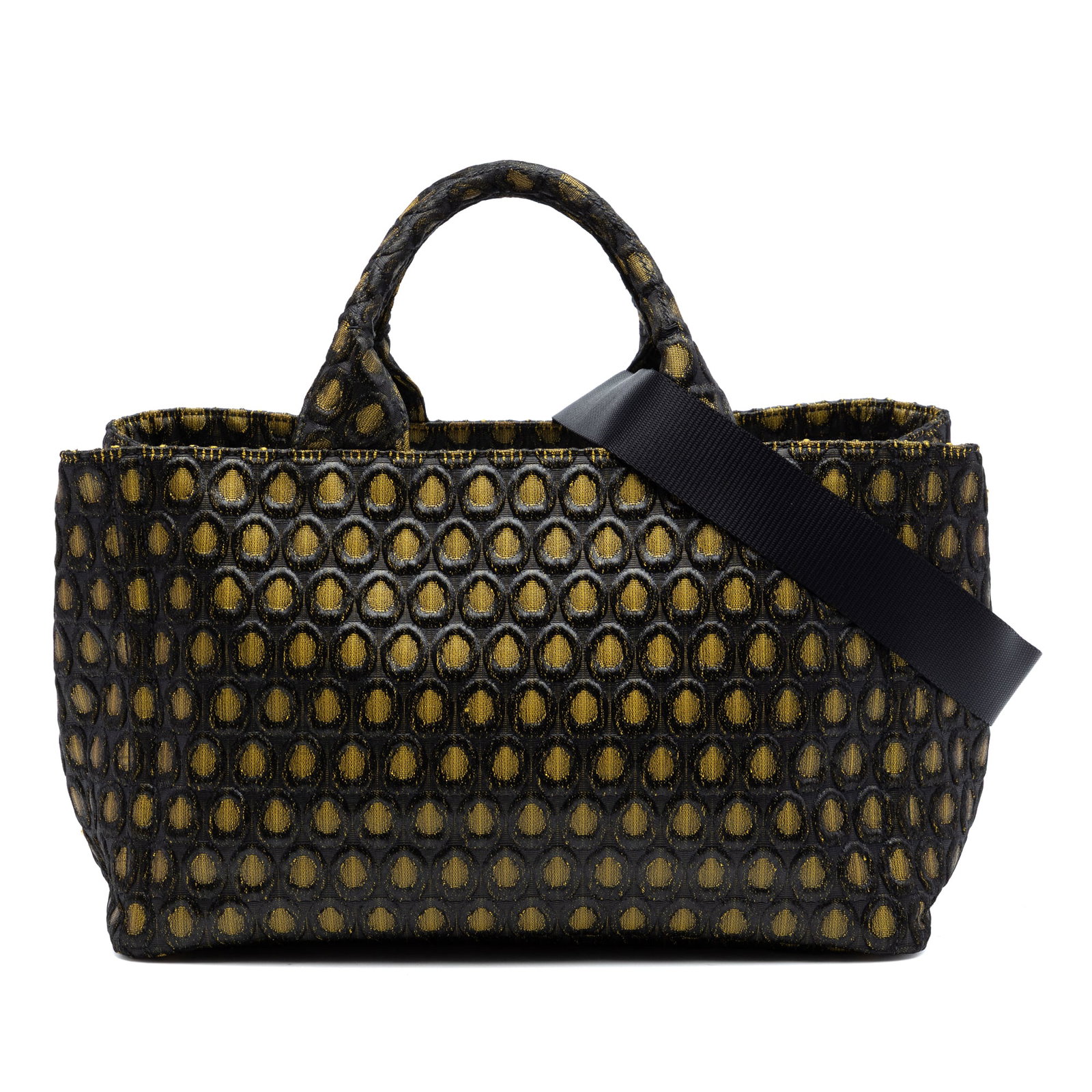 Prada Tessuto Broccato Canapa Fabric Satchel with Shoulder Strap: Prada Tessuto Broccato Canapa Fabric Satchel with Shoulder Strap Prada Tessuto Broccato Canapa tote in gold fabric with a nylon jacquard body. This satchel-style bag features rolled handles, a detacha