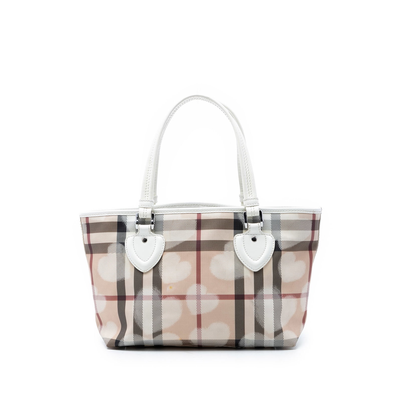 Burberry heart print coated canvas tote with leather straps: Burberry heart print coated canvas tote with leather straps This Burberry House Check Coated Canvas Hearts Tote features a coated canvas body adorned with a printed heart pattern, flat leather straps,