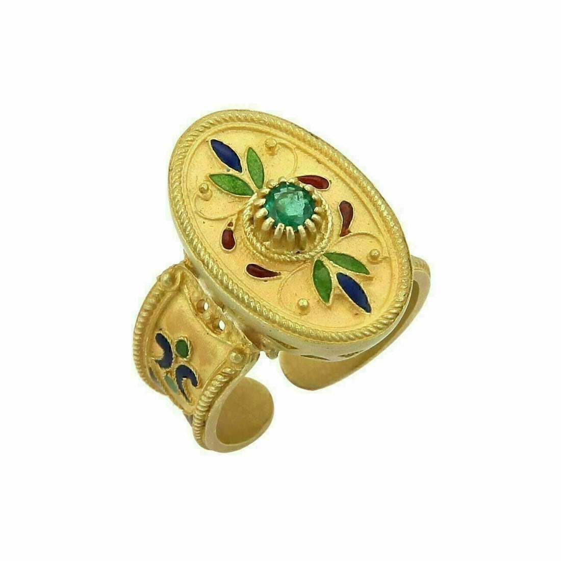 18k Yellow Gold Oval Cuff Ring with Enamel Flowers Emerald Size 6.5: 18k Yellow Gold Oval Cuff Ring with Enamel Flowers Emerald Size 6.5 Vintage/estate oval cuff band ring crafted in 18k yellow gold with an enamel flower design and an emerald centerpiece. The ring is s
