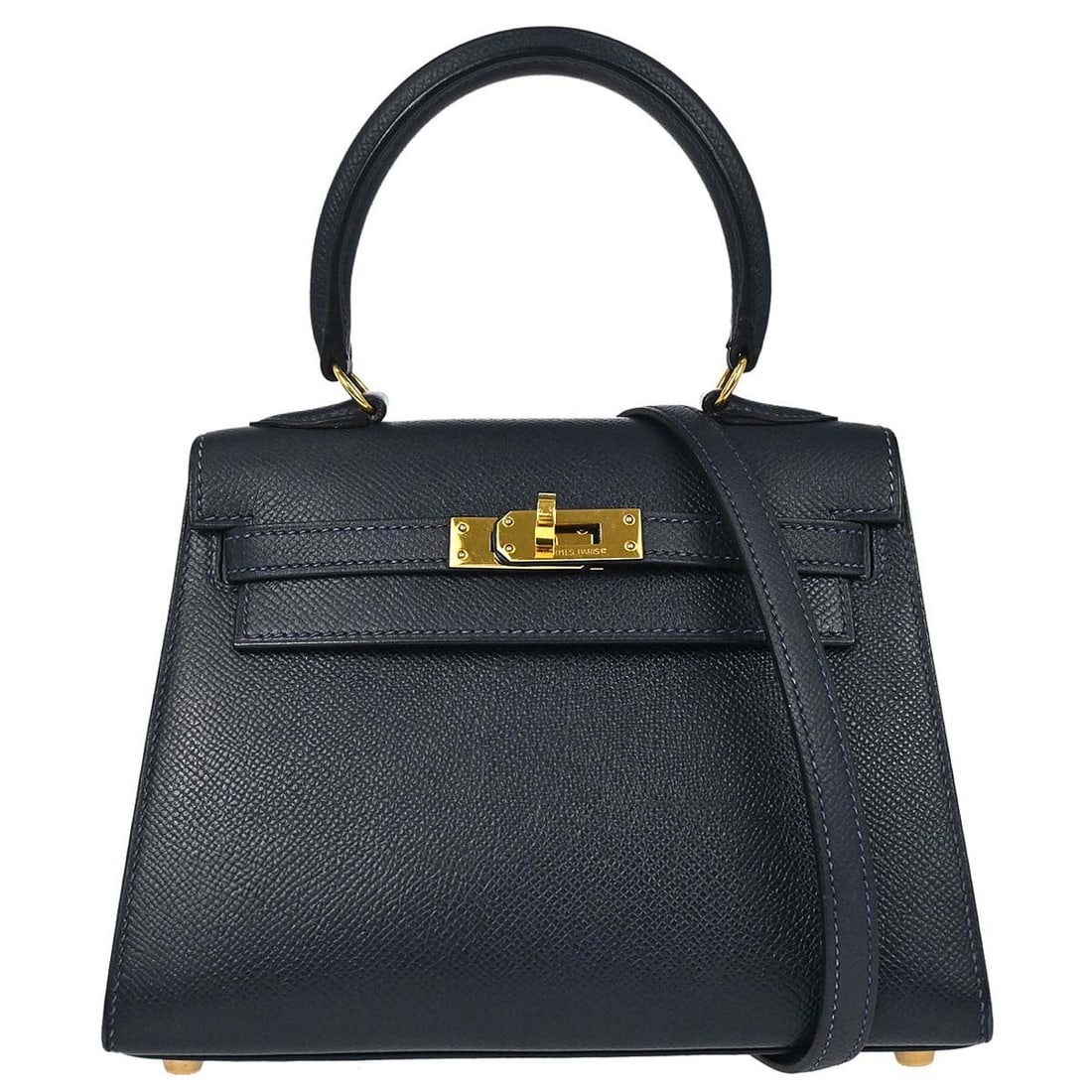 Hermes Mini Kelly 20 Navy Courchevel Leather 2way Sellier Bag: Hermes Mini Kelly 20 Navy Courchevel Leather 2way Sellier Bag Hermes Mini Kelly 20 2-way Sellier handbag in navy Courchevel leather with a turn-lock flap closure and leather lining. This women's top-h