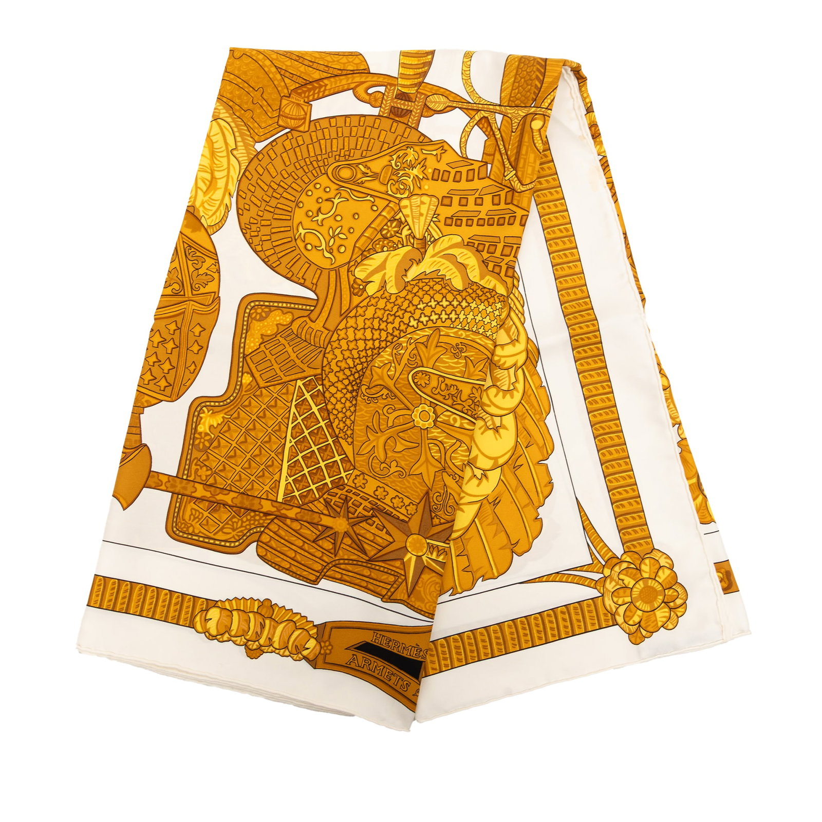 Hermes Armets en Panache 90 Silk Scarf White: Hermes Armets en Panache 90 Silk Scarf White Hermes Armets en Panache silk scarf in white, featuring the Armets en Panache print on 100% silk. Made in France, this accessory measures 89.00 cm in lengt