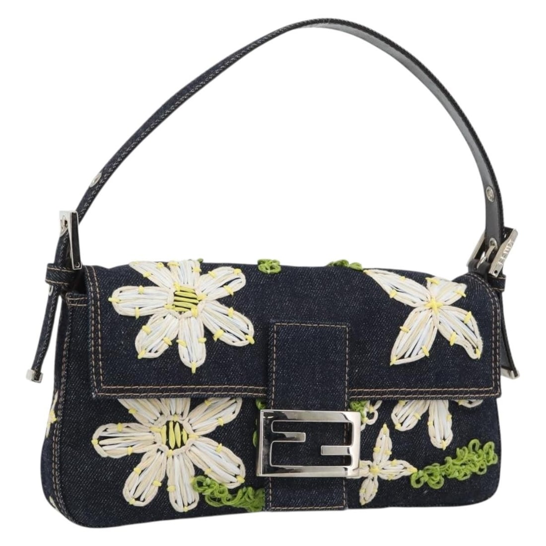 Fendi Mamma Baguette Navy Canvas Shoulder Bag with Dust Bag: Fendi Mamma Baguette Navy Canvas Shoulder Bag with Dust Bag Fendi Mamma Baguette shoulder bag in navy canvas with flower embroidery. It includes a dust bag and was made in Italy. The bag is in excelle
