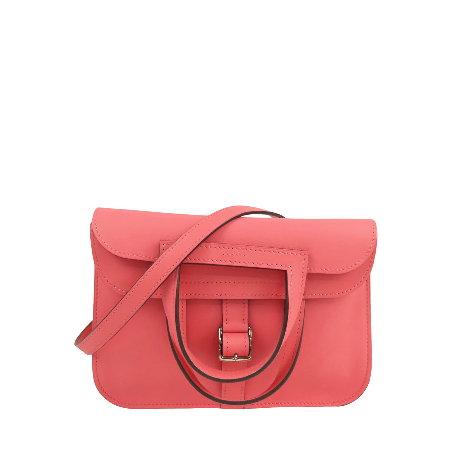 Hermes Halzan 22 Mini Swift Leather Shoulder Bag Pink: Hermes Halzan 22 Mini Swift Leather Shoulder Bag Pink Hermes Mini Swift Halzan 22 in Rose Azalee swift leather. This pink bag features flat leather handles, a detachable flat leather shoulder strap, a