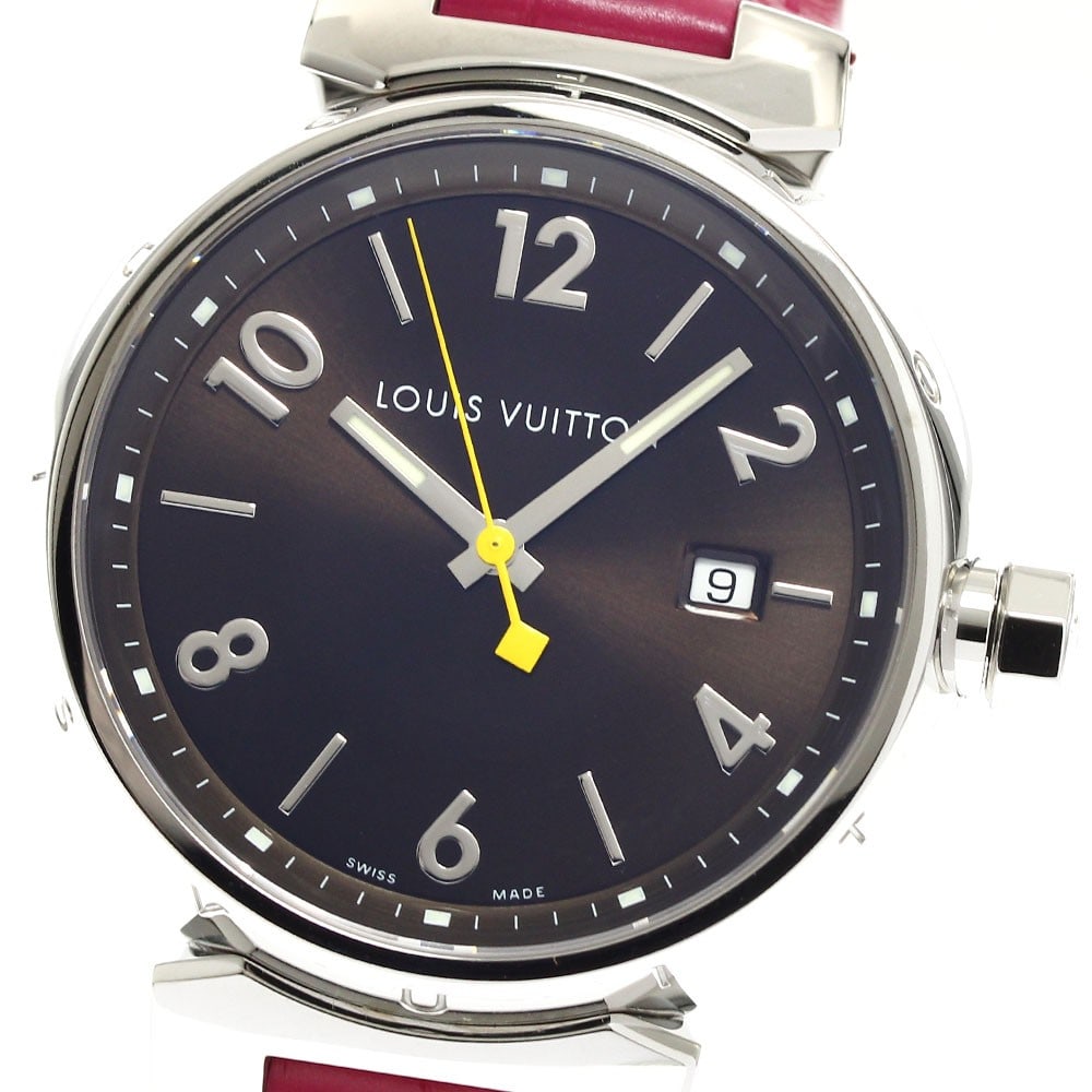 Louis Vuitton Tambour Quartz Date Men's Wristwatch Q1111: Louis Vuitton Tambour Quartz Date Men's Wristwatch Q1111 This Louis Vuitton Tambour Date Quartz men's wristwatch features a stainless steel case and a brown leather strap. The watch has a brown dial a