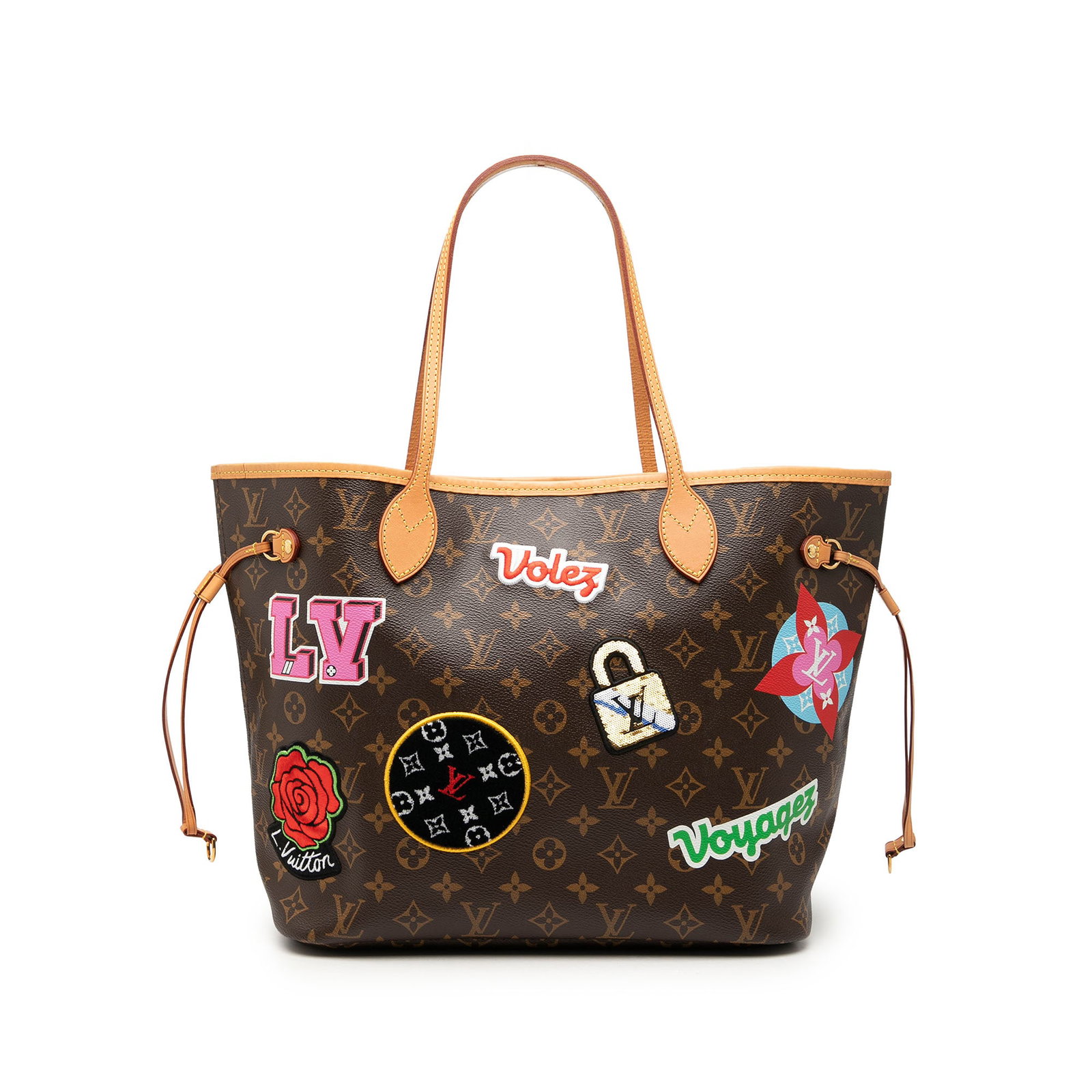 Louis Vuitton Neverfull MM Monogram Patches Tote Bag: Louis Vuitton Neverfull MM Monogram Patches Tote Bag Louis Vuitton Monogram Patches Neverfull MM bag from France, crafted in monogram canvas with vachetta leather trim and stickers. It features flat v