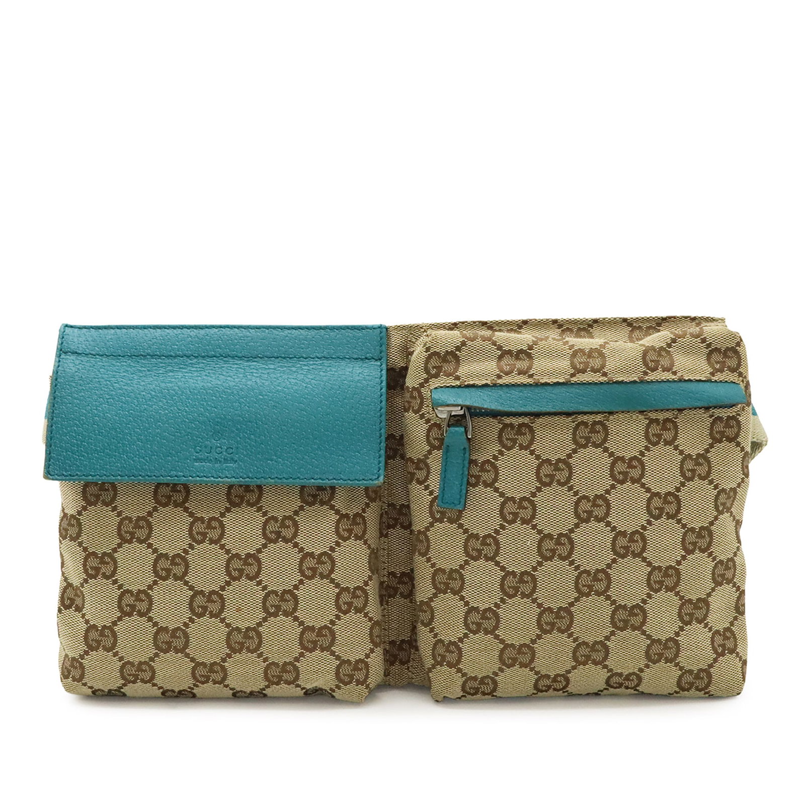 Gucci GG Canvas Web Belt Bag with Double Pockets Beige: Gucci GG Canvas Web Belt Bag with Double Pockets Beige Gucci GG Canvas Web Double Pocket Belt Bag in beige fabric, made in Italy. It features a canvas body, an adjustable flat waist strap, exterior fr