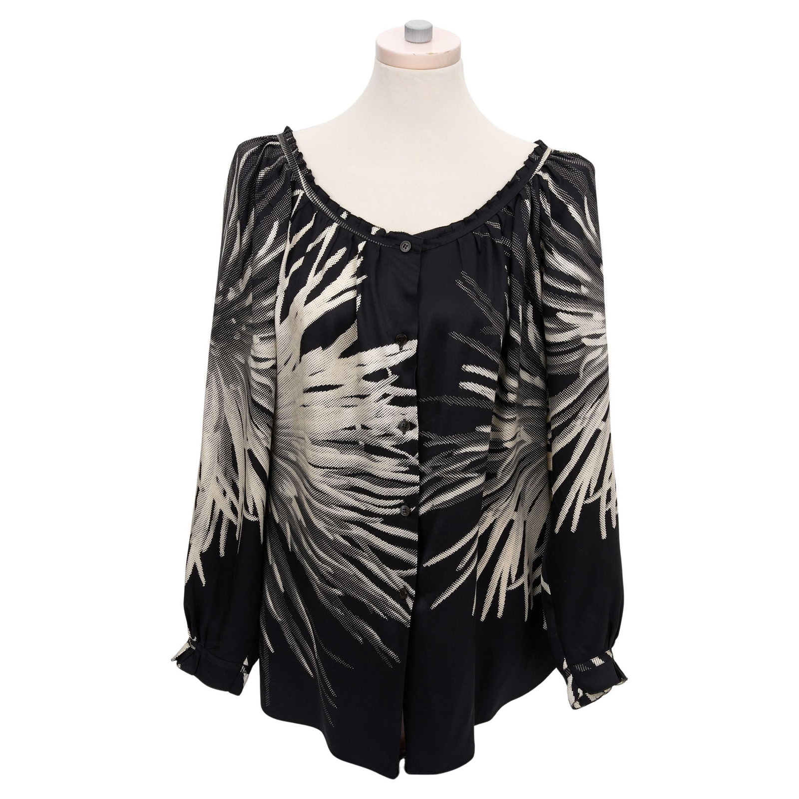 Hermes Black Silk Blouse with Scalloped Neckline: Hermes Black Silk Blouse with Scalloped Neckline Elevate your wardrobe with this exquisite Hermes Long Sleeve Black Silk Blouse. Crafted from luxurious silk, this blouse features a scalloped scoop nec