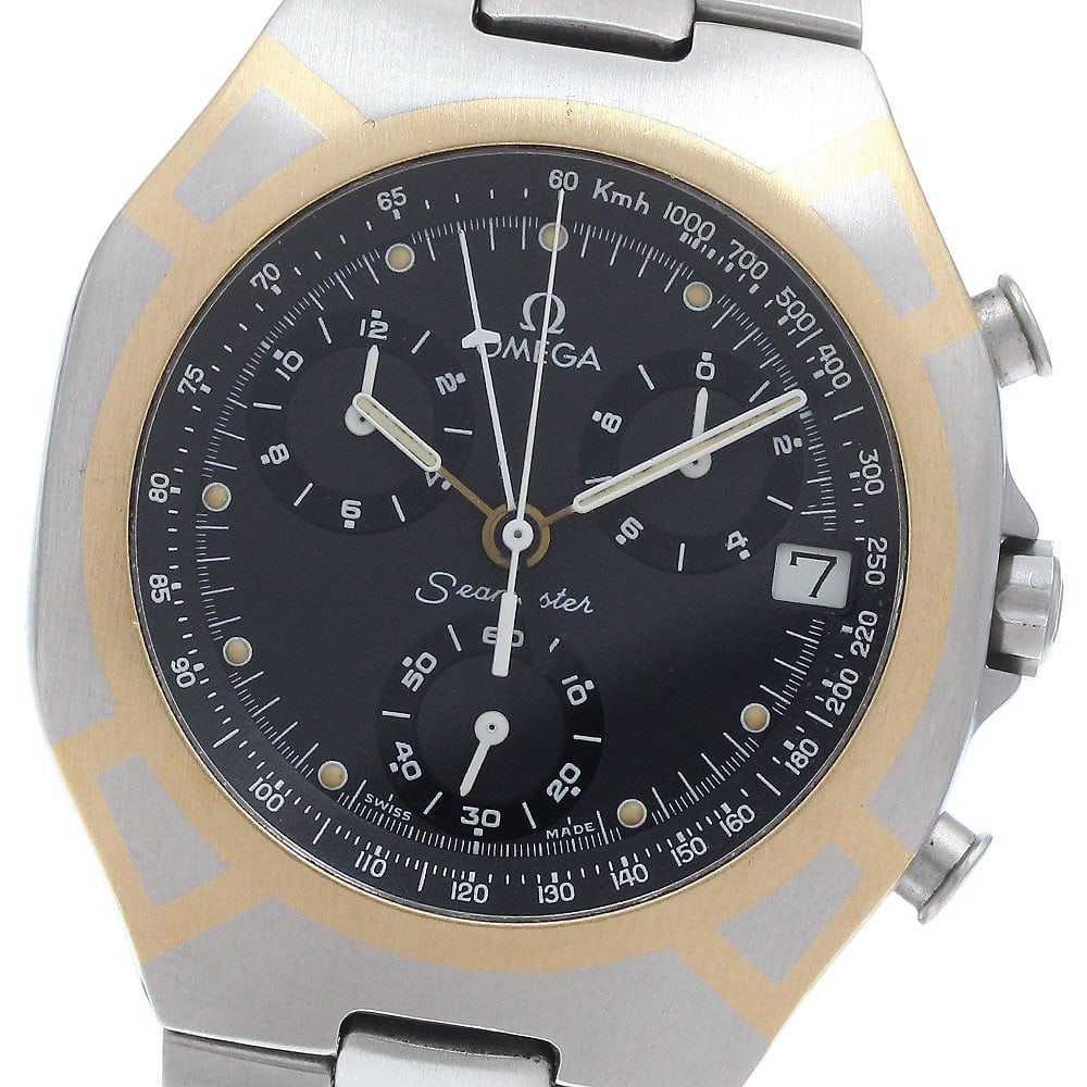 OMEGA Seamaster Polaris Mens Quartz Chronograph Wristwatch: OMEGA Seamaster Polaris Mens Quartz Chronograph Wristwatch Omega Seamaster Polaris chronograph men's wristwatch in pre-owned condition. It features a quartz movement, black dial, date, chronograph, an