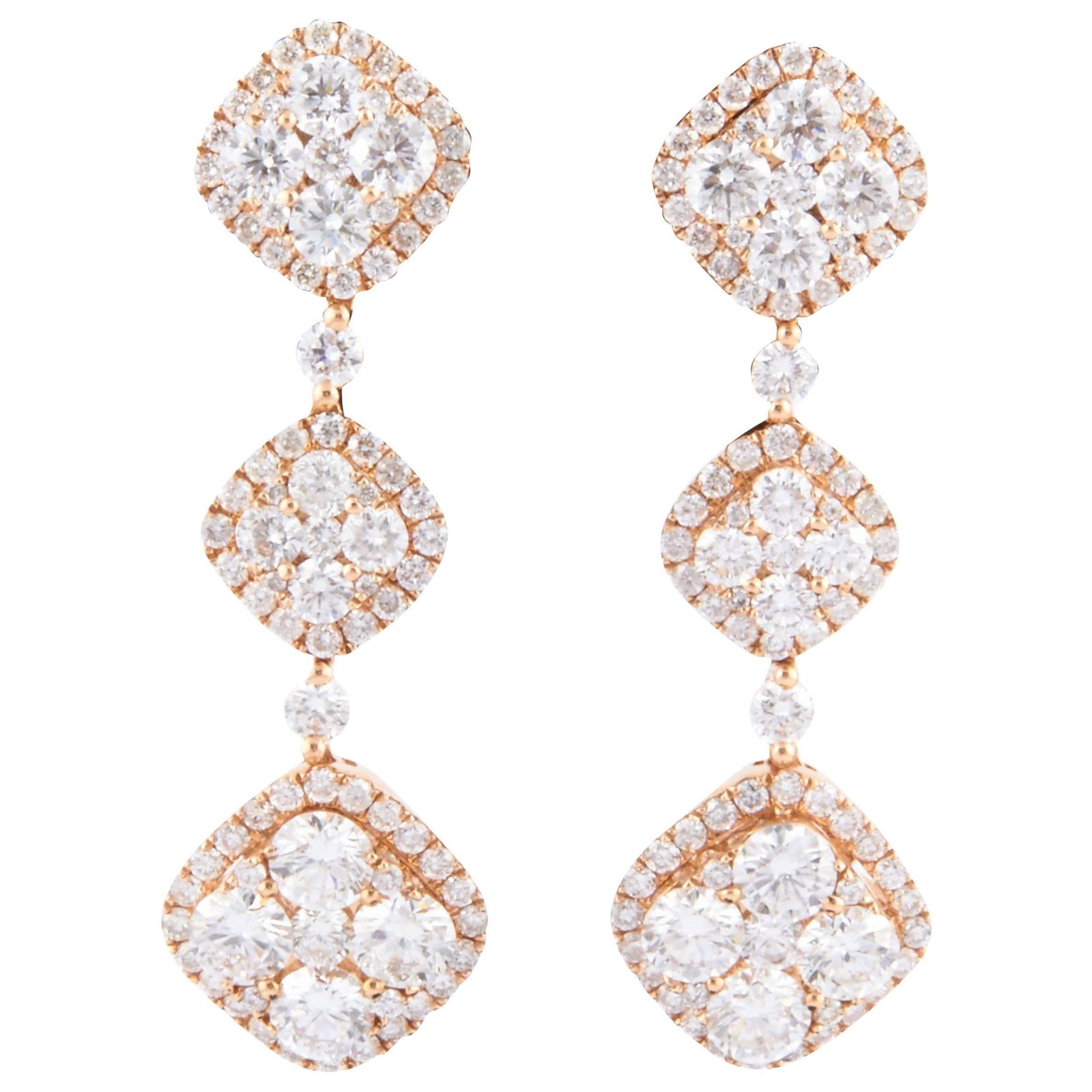 18K Rose Gold Diamond Dangle Earrings 2.60 ct tw: 18K Rose Gold Diamond Dangle Earrings 2.60 ct tw Elevate your elegance with these stunning Diamond Dangle Earrings. Crafted from luxurious 18k White Gold, these contemporary earrings feature a strikin