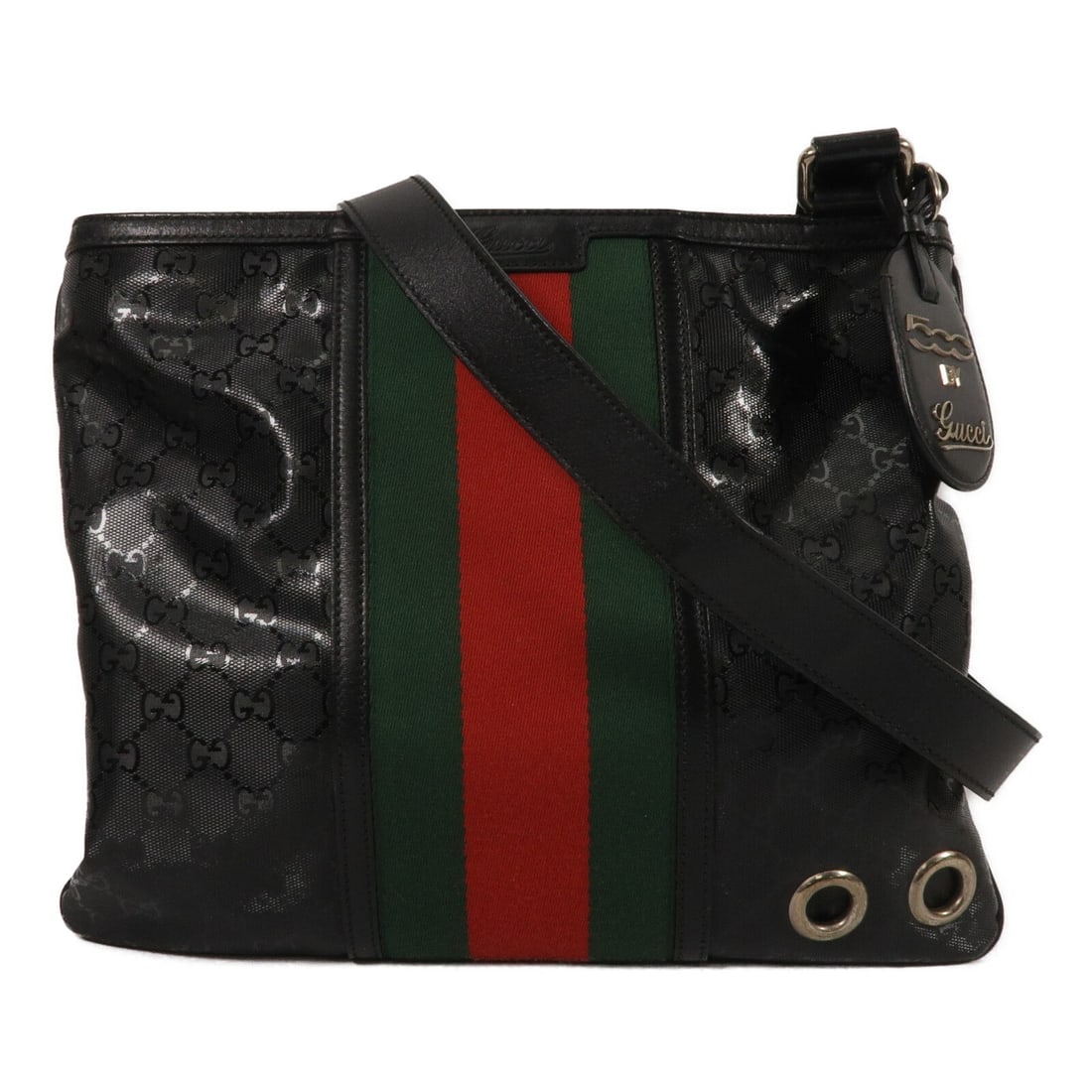 Gucci 269379 GG PVC Shoulder Bag in Black with SHW: Gucci 269379 GG PVC Shoulder Bag in Black with SHW A GUCCI GG shoulder bag in black PVC, identified by model number 269379. It features a brand tag accessory, a shoulder strap length of 123-133 cm, an