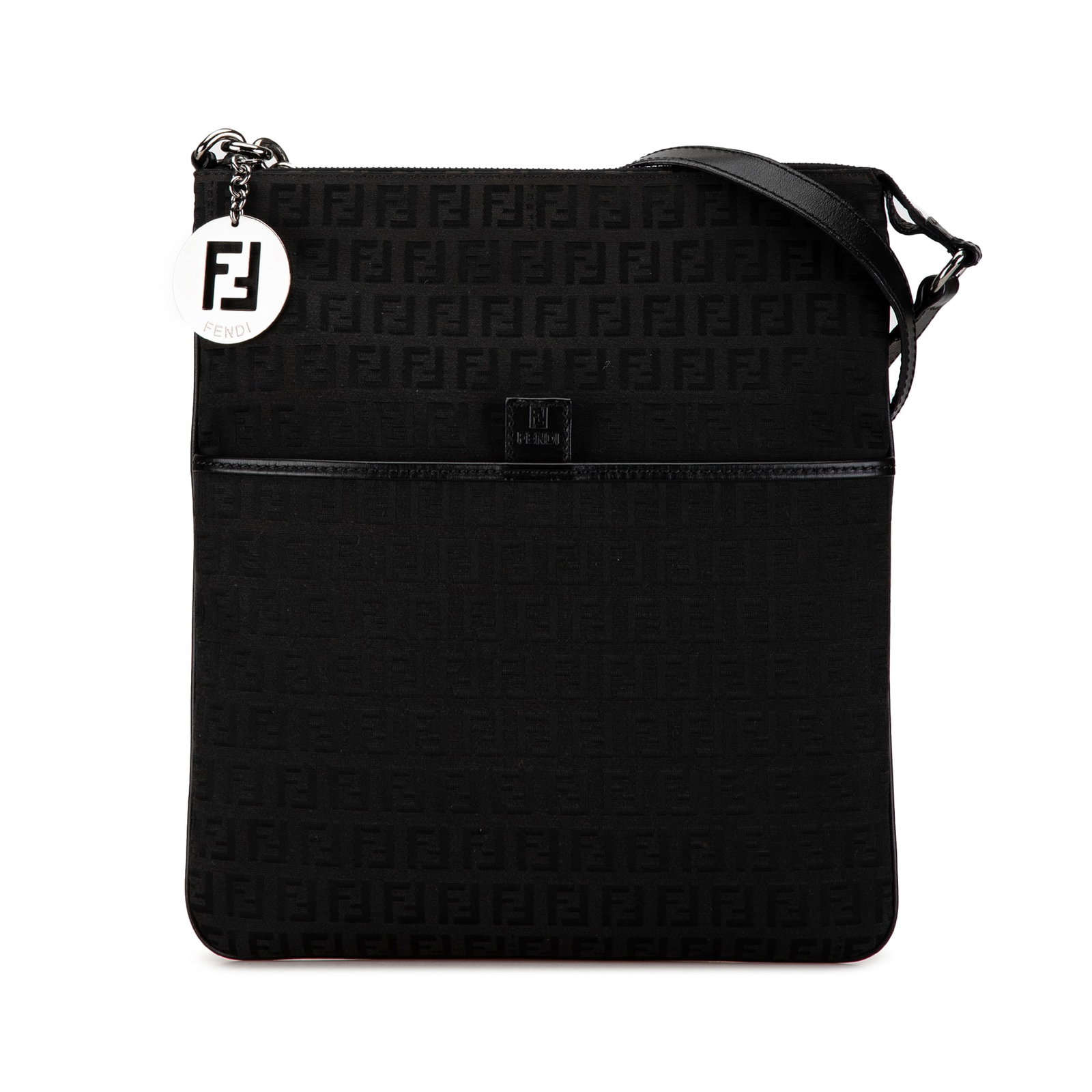 Fendi Black Zucchino Logo Canvas Crossbody Bag with Leather Strap: Fendi Black Zucchino Logo Canvas Crossbody Bag with Leather Strap This Fendi Zucchino Canvas Crossbody bag features a canvas body with the signature Zucchino pattern, an adjustable flat leather strap,