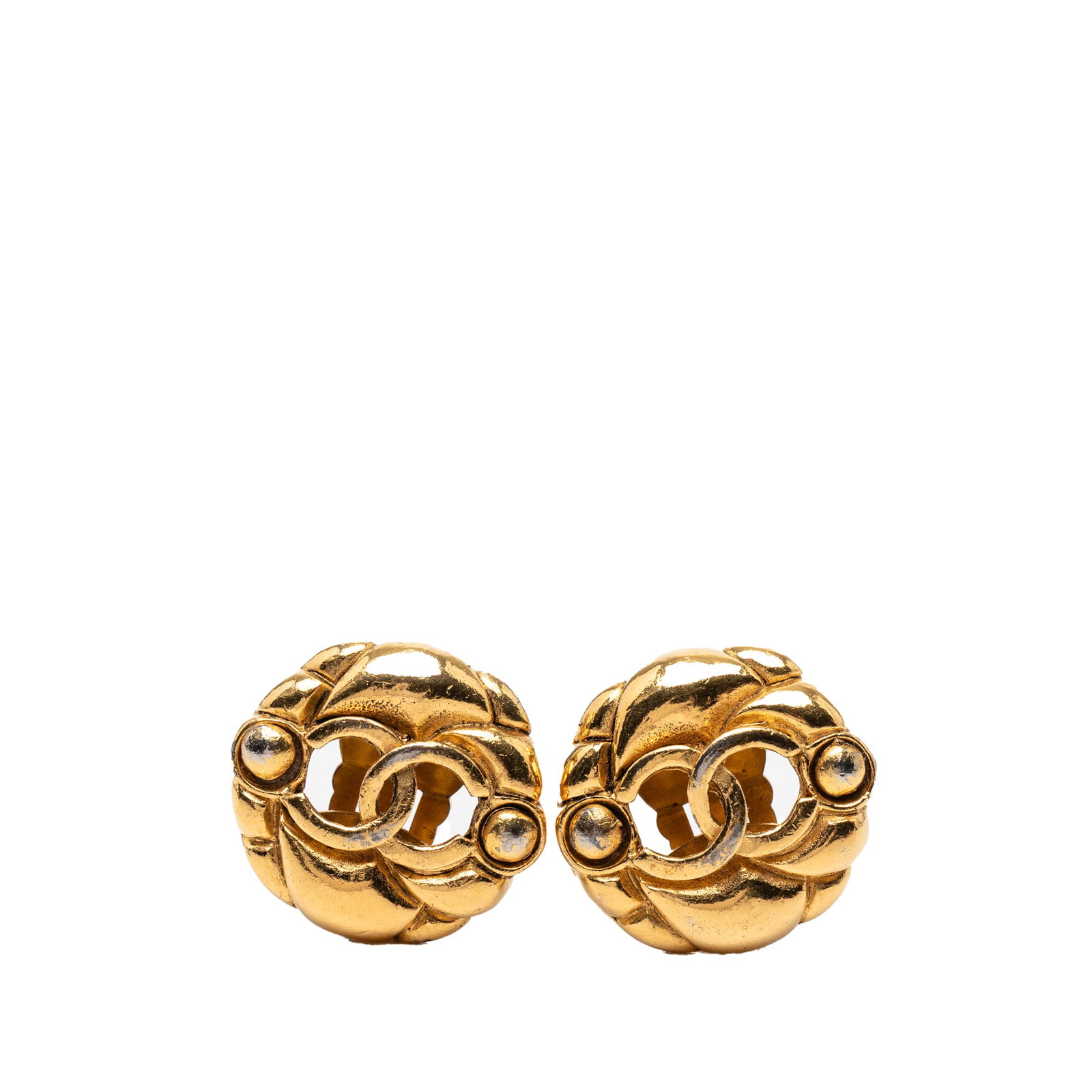 Chanel CC Logo Gold Plated Metal Clip On Earrings: Chanel CC Logo Gold Plated Metal Clip On Earrings These Chanel earrings showcase a hollow round design crafted from gold-plated metal, featuring the iconic CC logo and clip-on backs. Made in France, t