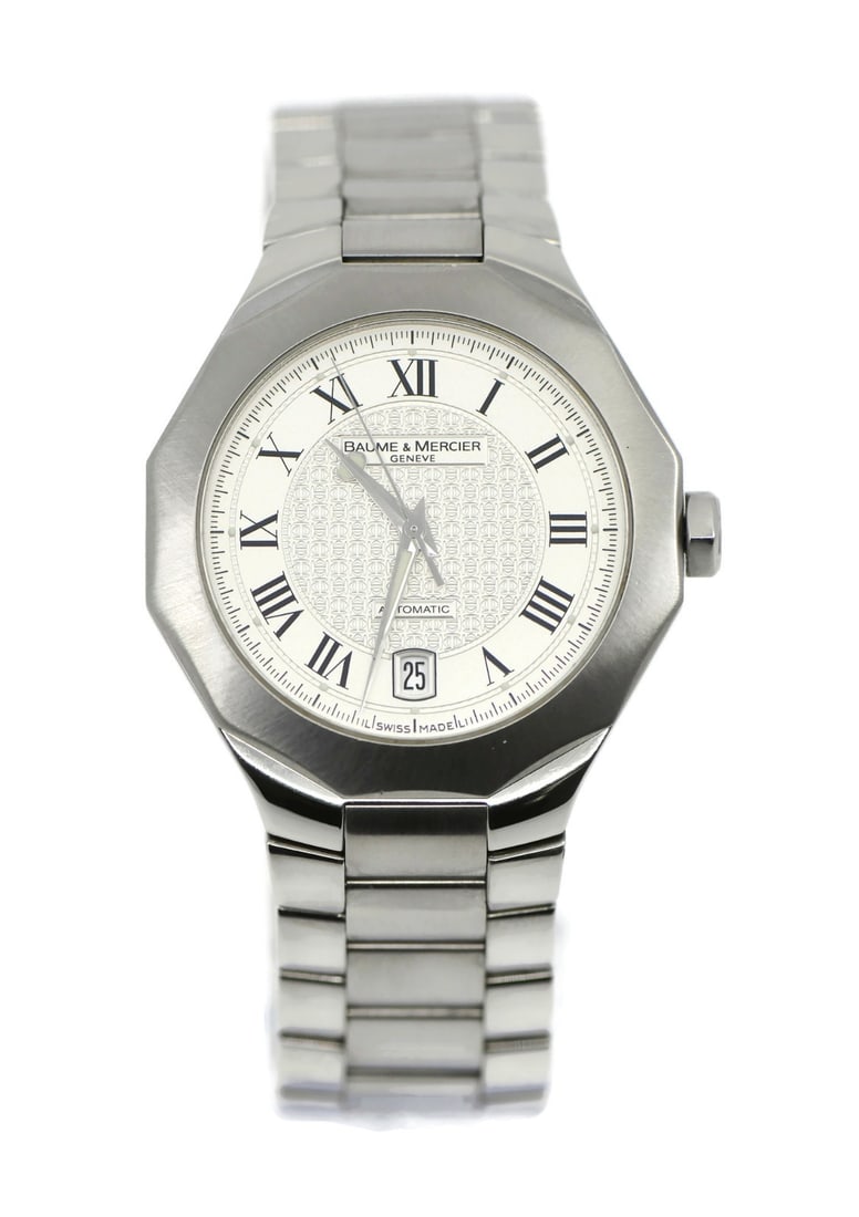 Riviera 65582 Automatic Stainless Steel Wristwatch by Baume & Mercier: Riviera 65582 Automatic Stainless Steel Wristwatch by Baume & Mercier This Baume & Mercier Riviera wristwatch features a stainless steel case and band with a silver analog dial. The watch is powered b