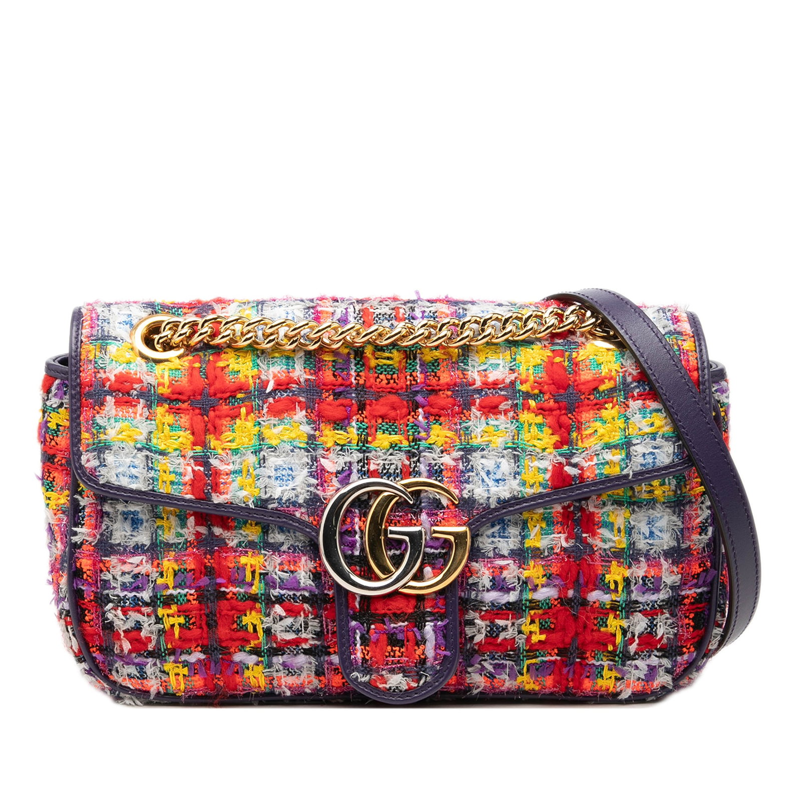 Gucci GG Marmont Medium Tweed Shoulder Bag Red: Gucci GG Marmont Medium Tweed Shoulder Bag Red This Gucci Medium GG Marmont Tweed Shoulder Bag features a tweed body with leather trim, a gold-tone chain and leather shoulder strap, a front flap with 