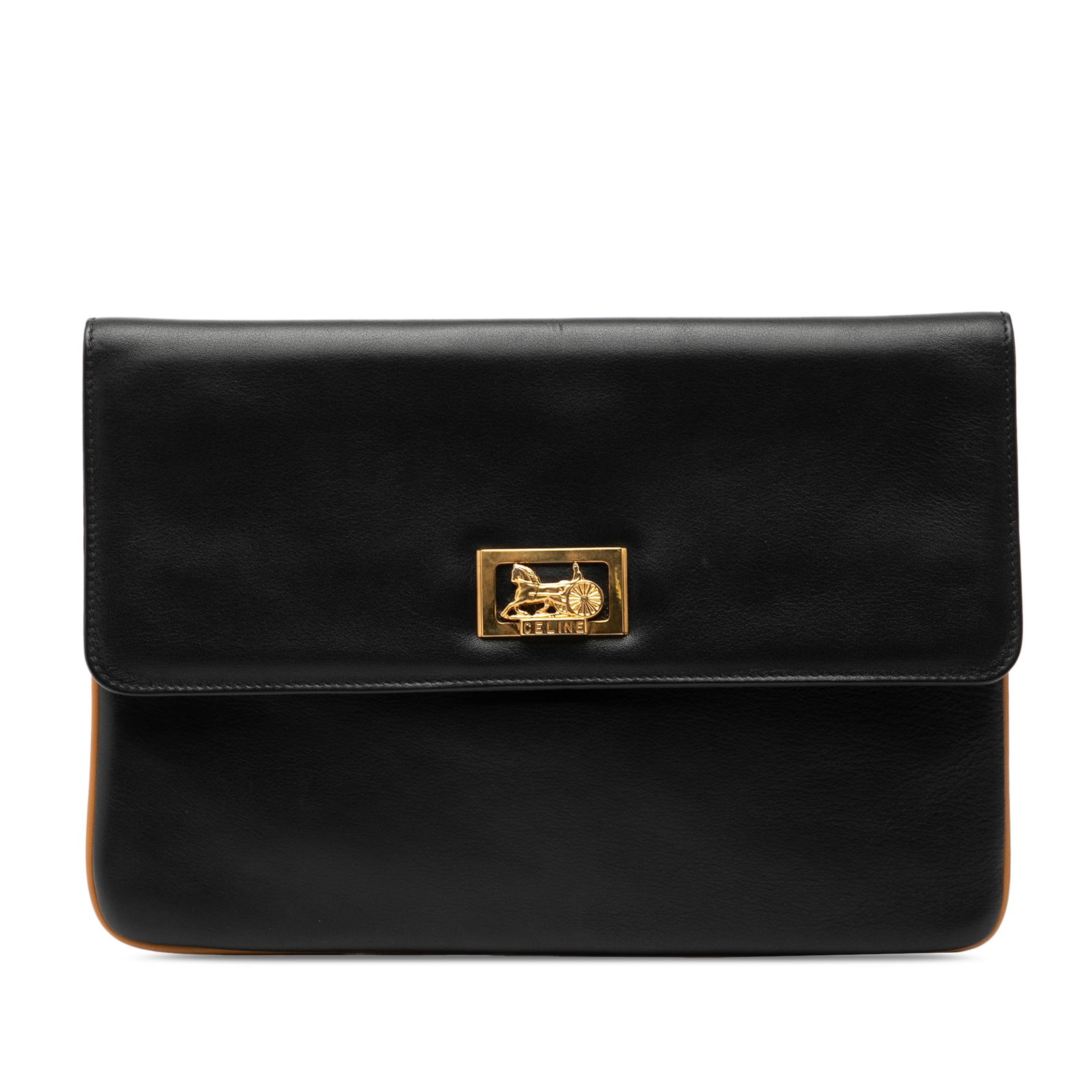 Black Leather Carriage Clutch by Celine with Flap Closure: Black Leather Carriage Clutch by Celine with Flap Closure This Celine Leather Carriage Clutch features a black leather body with a front flap and magnetic snap button closure, complemented by an inter
