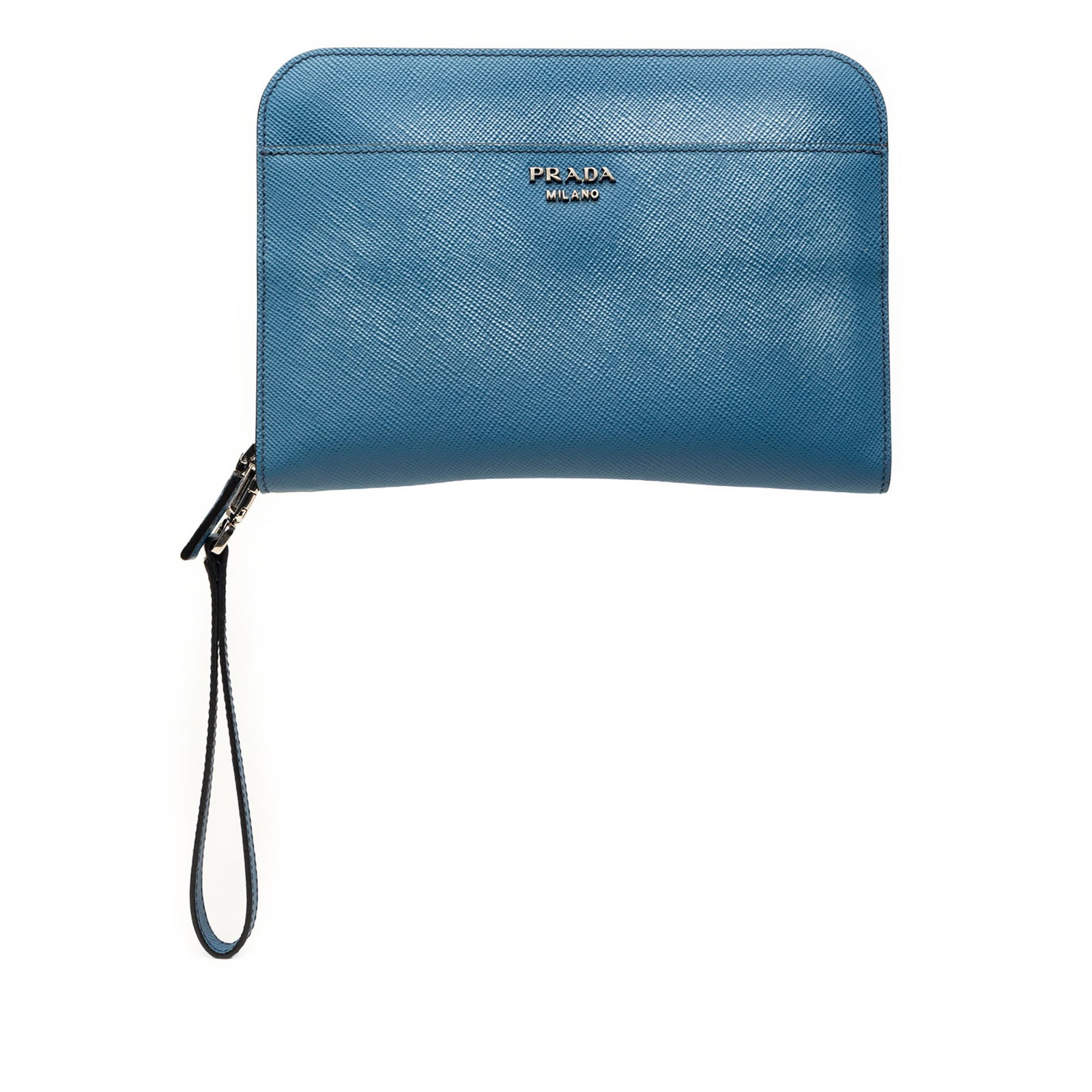 Prada Saffiano Leather Wristlet Clutch Bag Blue: Prada Saffiano Leather Wristlet Clutch Bag Blue Prada Saffiano clutch in blue leather with a flat wrist strap, top zip closure, exterior slip pockets, and interior slip pockets. Made in Italy. Conditi