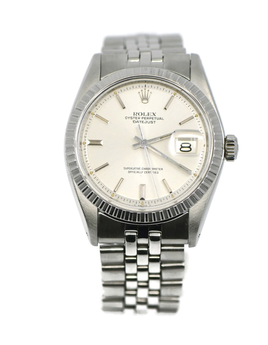 Rolex 1603 Datejust men's stainless steel wristwatch with box: Rolex 1603 Datejust men's stainless steel wristwatch with box Rolex Datejust stainless steel wristwatch, reference 1603, with a silver dial and silver bezel. It features stick indexes, a date indicato