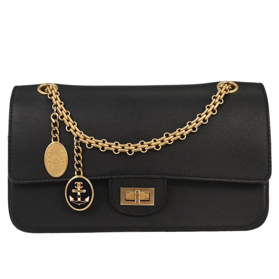 Chanel Classic Double Flap Medium Shoulder Bag Black Calfskin: Chanel Classic Double Flap Medium Shoulder Bag Black Calfskin Chanel Classic Double Flap shoulder bag in black calfskin with a turn-lock closure and shoulder strap. This medium bag is made in France a