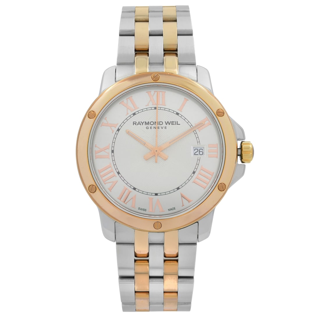Raymond Weil Tango Caribbean quartz men's steel dress watch: Raymond Weil Tango Caribbean quartz men's steel dress watch This pre-owned Raymond Weil Tango Caribbean Exclusive men's watch features a two-tone stainless steel and gold-tone bracelet, complemented b