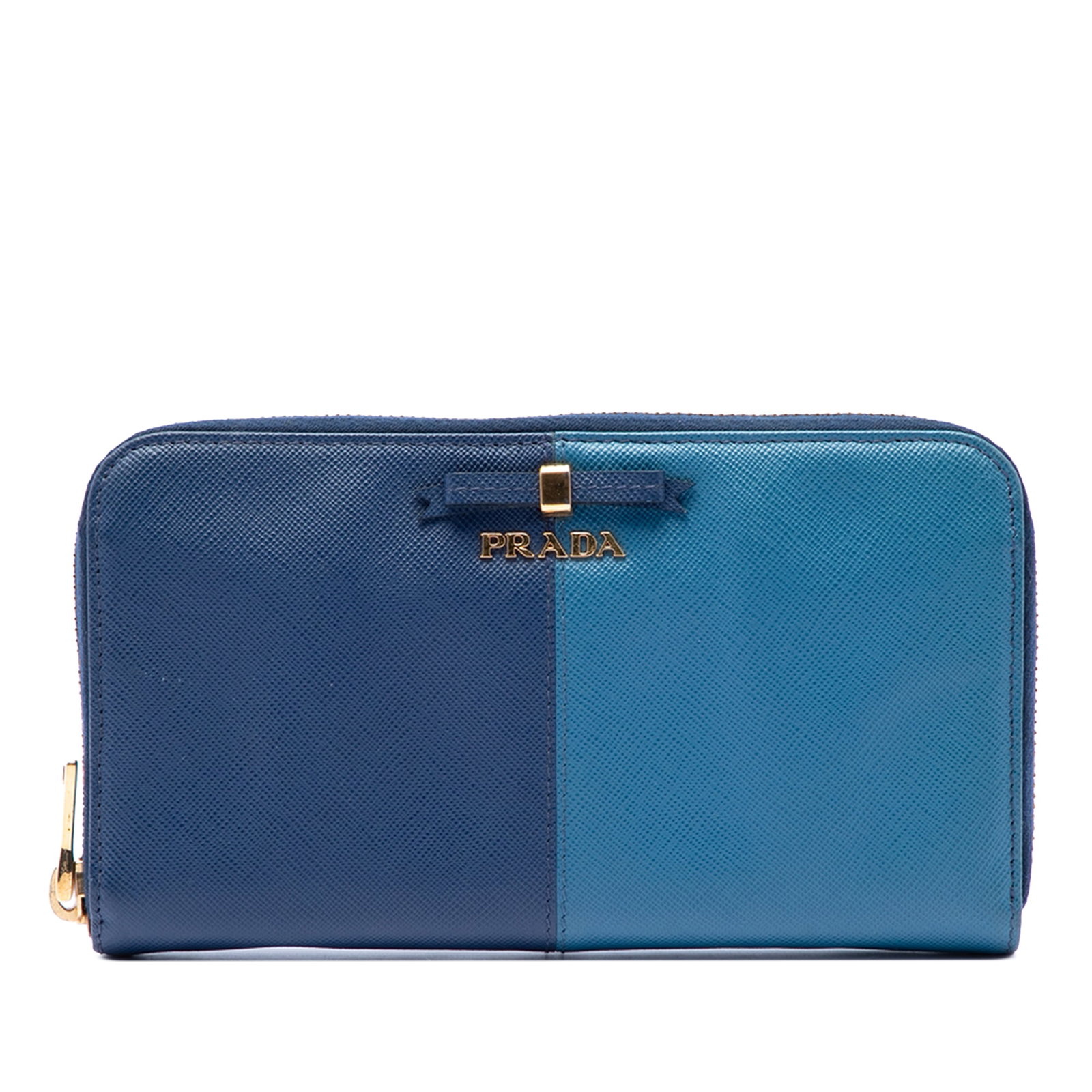 Prada Bicolor Bow Saffiano Leather Zip Around Long Wallet: Prada Bicolor Bow Saffiano Leather Zip Around Long Wallet A Prada long wallet in blue bicolor Saffiano leather with a zip-around closure. It features an interior zip compartment and interior slip pock