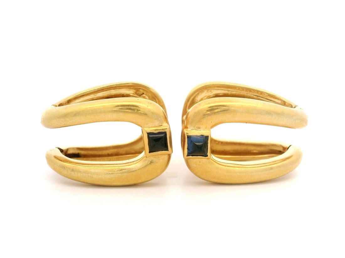 Boucheron Vintage Retro 18K Yellow Gold Blue Sapphire Cufflinks: Boucheron Vintage Retro 18K Yellow Gold Blue Sapphire Cufflinks Elevate your formal attire with these exquisite Vintage Retro Boucheron cufflinks, crafted in solid 18K yellow gold. Each cufflink featu