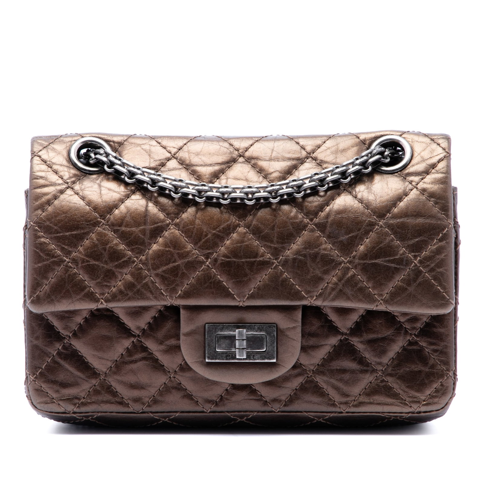 Chanel Reissue 2.55 224 Metallic Aged Calfskin Shoulder Bag: Chanel Reissue 2.55 224 Metallic Aged Calfskin Shoulder Bag This shoulder bag is crafted from aged calfskin leather and features chain link shoulder straps, a double front flap with twist lock closure