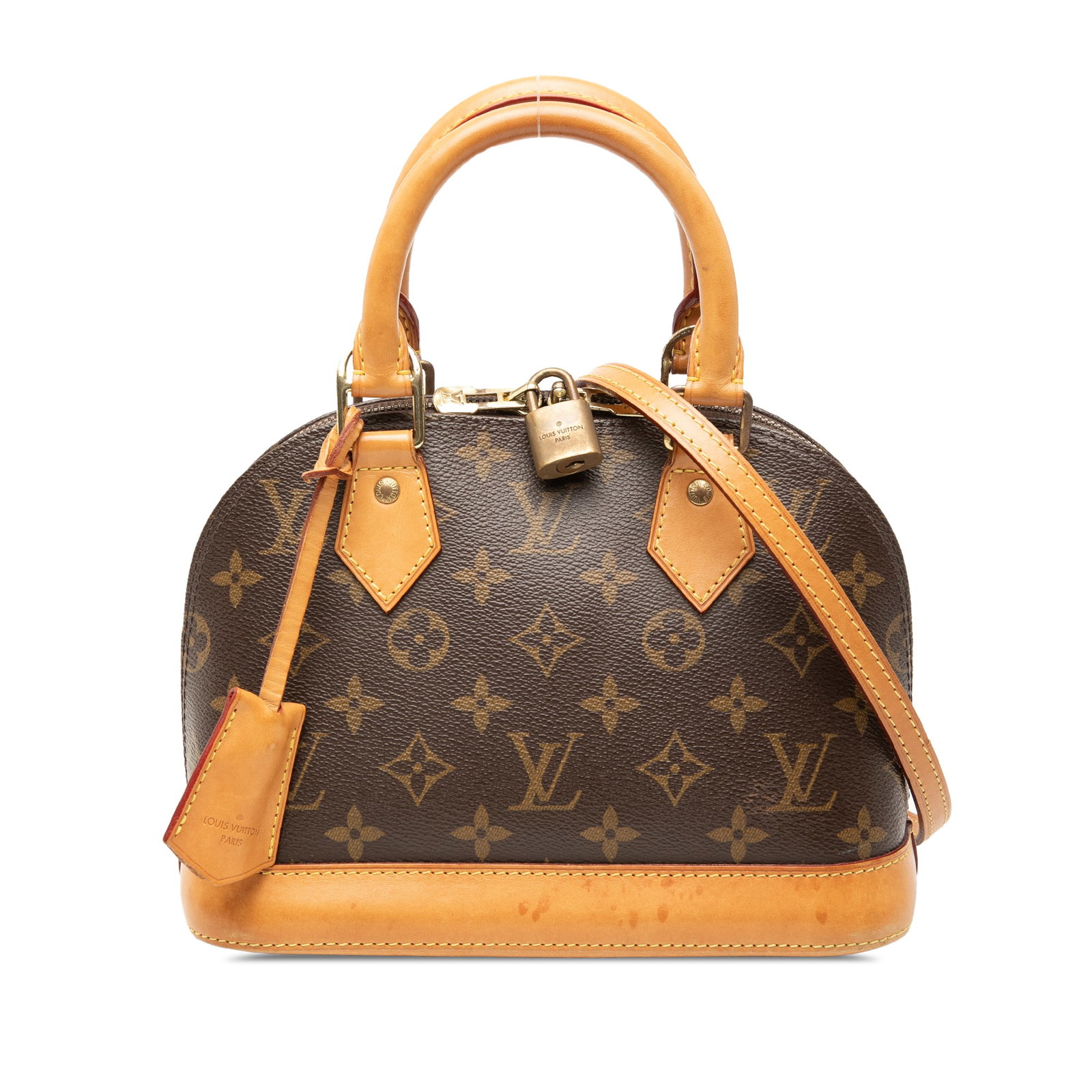 Louis Vuitton Alma BB Brown Monogram Canvas Bag with Leather Trim: Louis Vuitton Alma BB Brown Monogram Canvas Bag with Leather Trim The Louis Vuitton Monogram Alma BB features a monogram canvas body with leather trim, rolled vachetta leather handles, a detachable fl