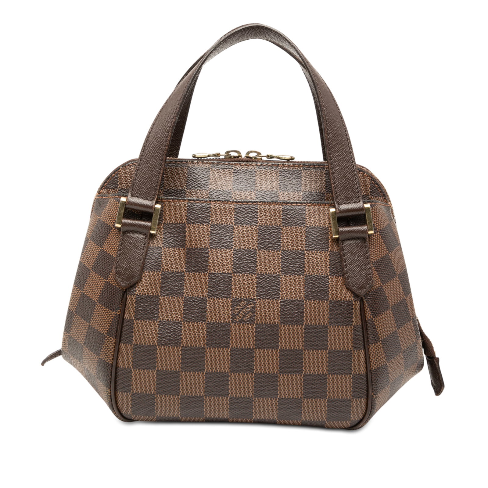 Louis Vuitton Belem PM Handbag in Damier Ebene Canvas with Leather Trim: Louis Vuitton Belem PM Handbag in Damier Ebene Canvas with Leather Trim The Louis Vuitton Damier Ebene Belem PM features a damier canvas body with leather trim, flat leather handles, a top zip closure