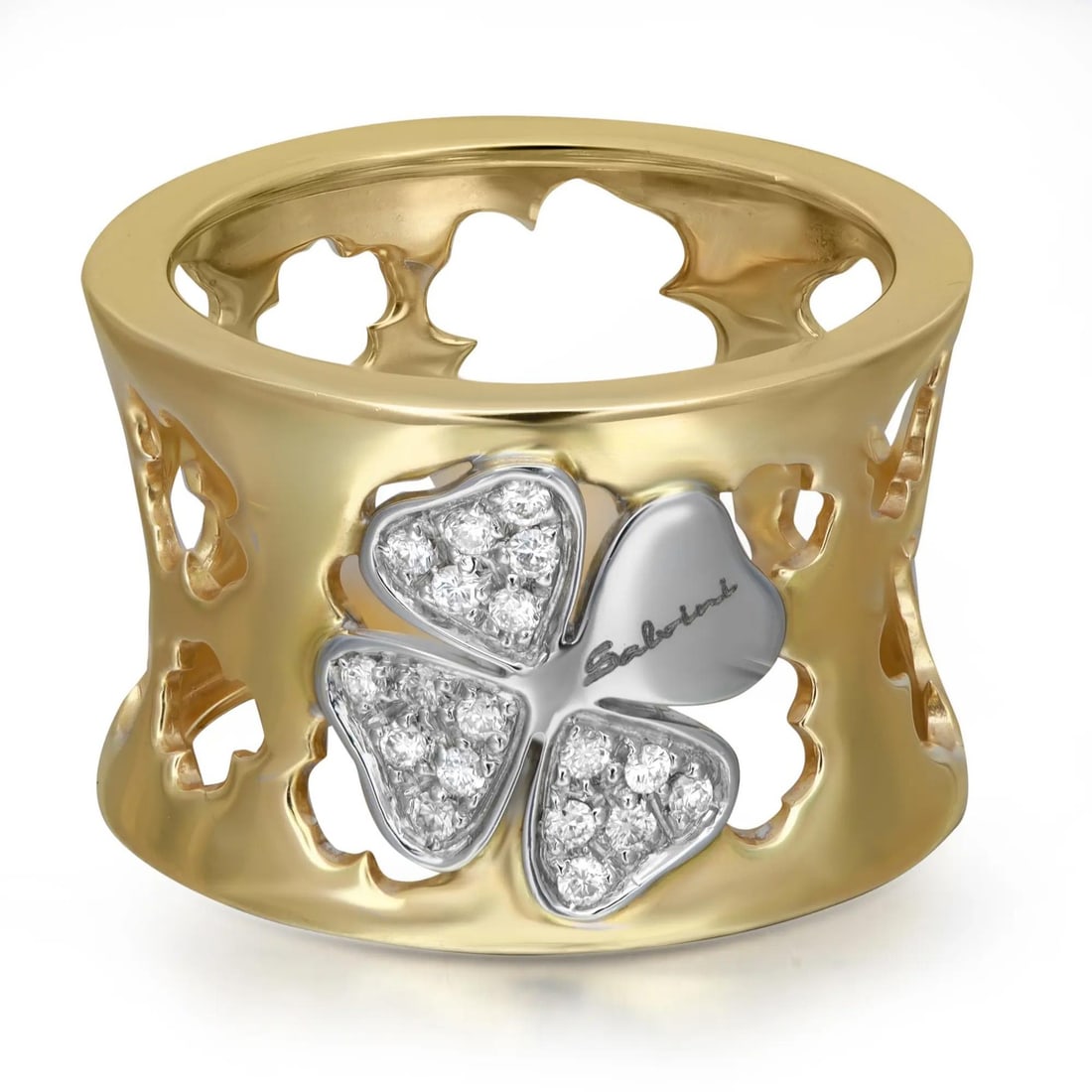 Salvini 18K Yellow White Gold Floral Diamond Band Ring Size 7: Salvini 18K Yellow White Gold Floral Diamond Band Ring Size 7 This exquisite wide band ring by Salvini combines elegance and craftsmanship, crafted from luxurious 18K yellow and white gold. The ring s