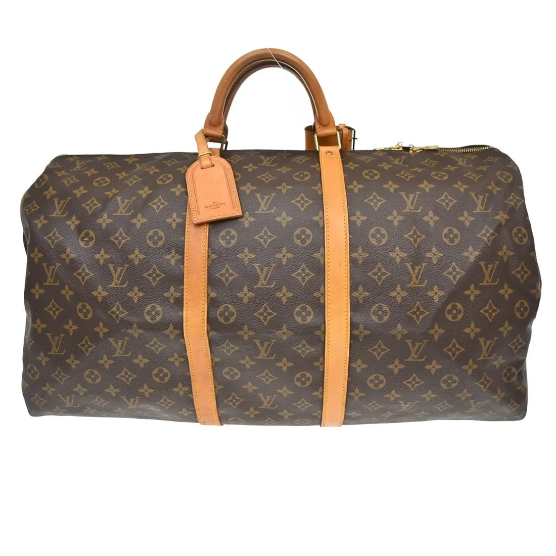 Louis Vuitton Keepall Monogram Canvas Travel Bag: Louis Vuitton Keepall Monogram Canvas Travel Bag This Louis Vuitton Keepall Bag features the classic monogram canvas design in brown, crafted for unisex use. The bag shows visible signs of wear, inclu