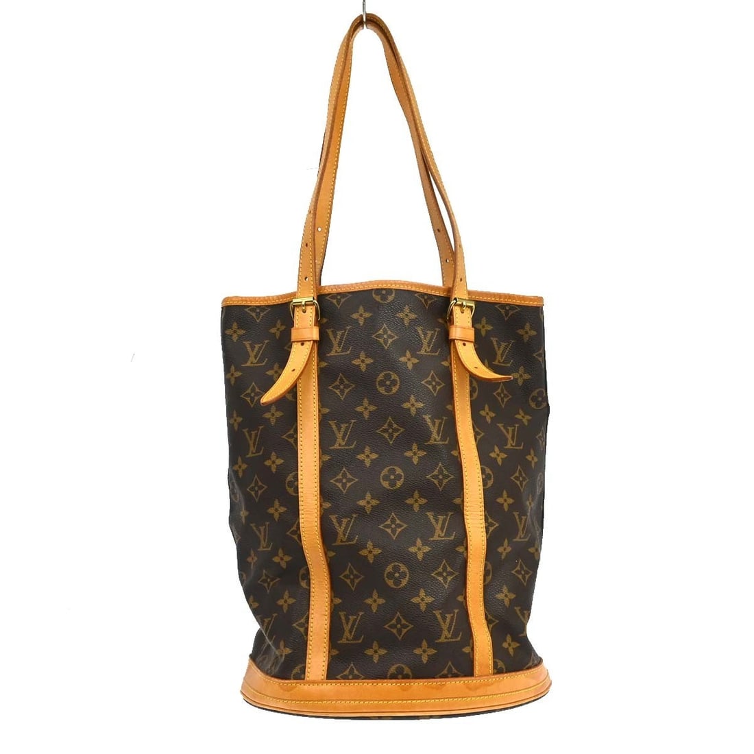 Louis Vuitton Petite Bucket GM Monogram Tote M42236: Louis Vuitton Petite Bucket GM Monogram Tote M42236 Vintage Louis Vuitton Monogram Bucket GM tote bag in brown monogram canvas with leather trim and an open top. This women's shoulder bag features adj