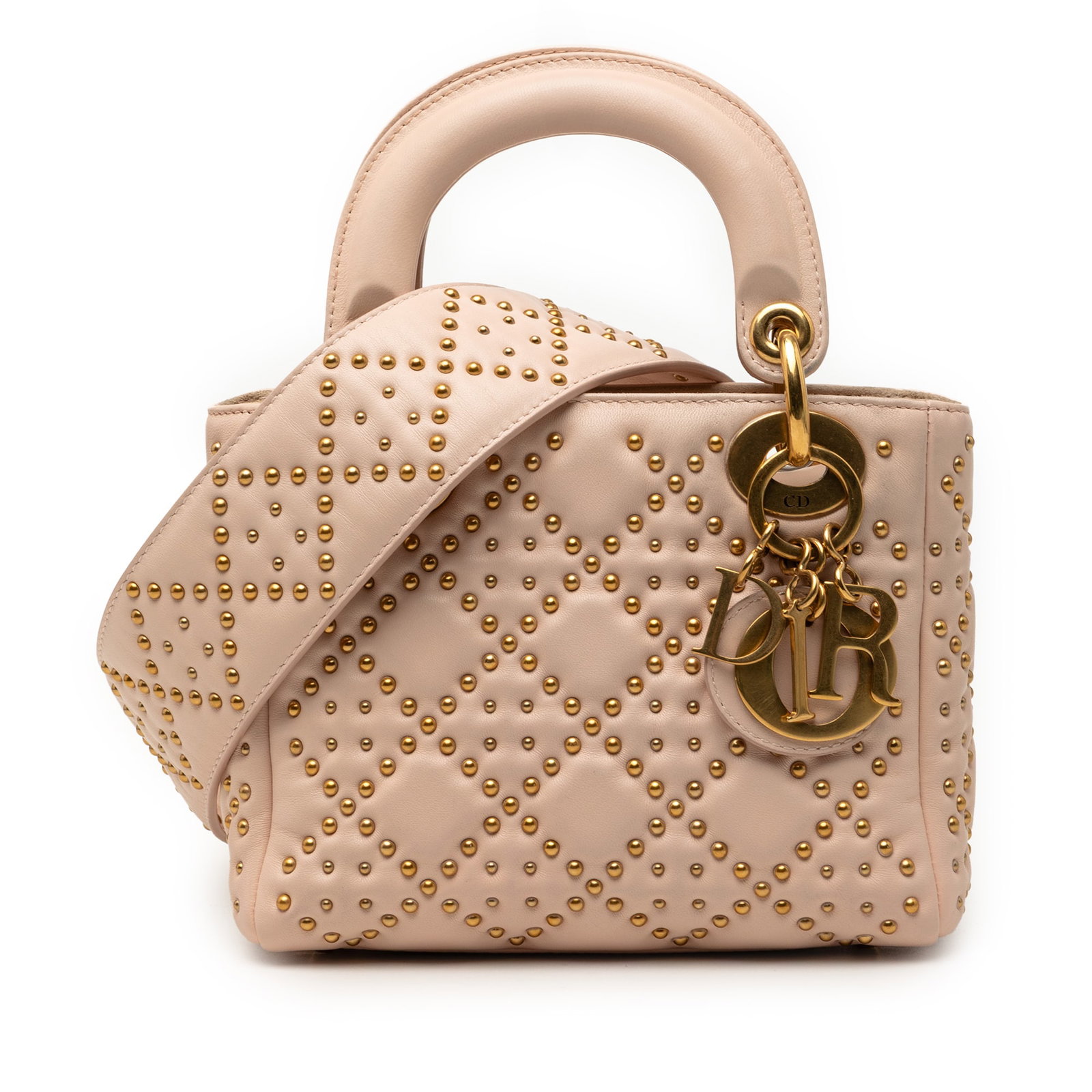 Dior Lady Dior Mini Brown Studded Lambskin Top Handle Bag with Strap: Dior Lady Dior Mini Brown Studded Lambskin Top Handle Bag with Strap This Mini Lambskin Cannage Studded Supple Lady Dior satchel features a studded leather exterior, flat handles, a detachable flat st