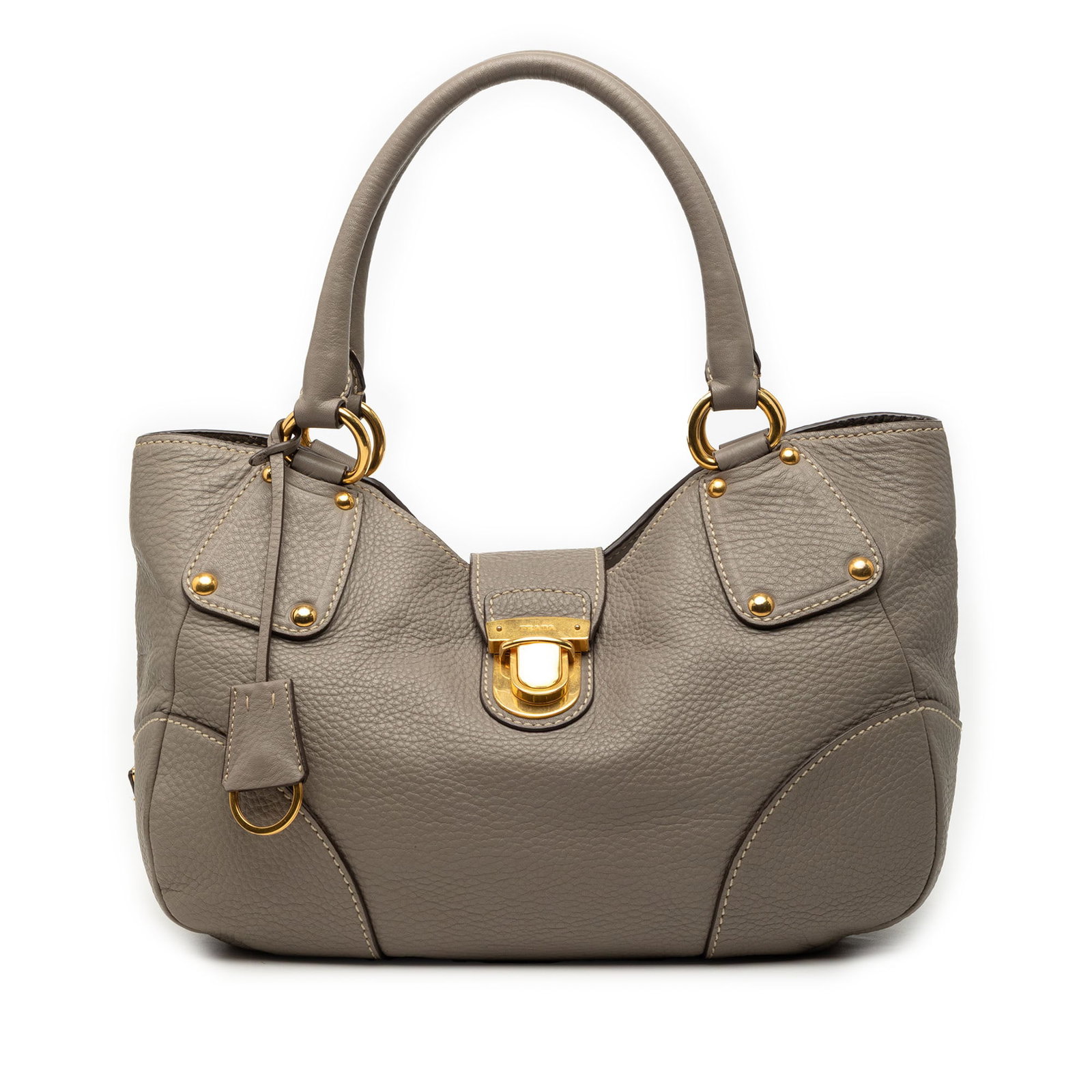Gray Leather Prada Vitello Daino Shoulder Bag with Push Lock Strap: Gray Leather Prada Vitello Daino Shoulder Bag with Push Lock Strap This Prada Vitello Daino Shoulder Bag features a gray leather body with rolled leather handles and a top strap secured by a push lock