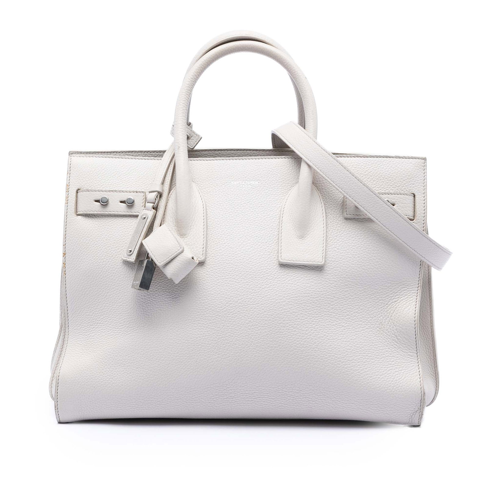 Saint Laurent Sac De Jour White Leather Satchel: Saint Laurent Sac De Jour White Leather Satchel This Saint Laurent Small Grained Calfskin Supple Sac De Jour Satchel is crafted from high-quality leather and features rolled leather handles, a detacha