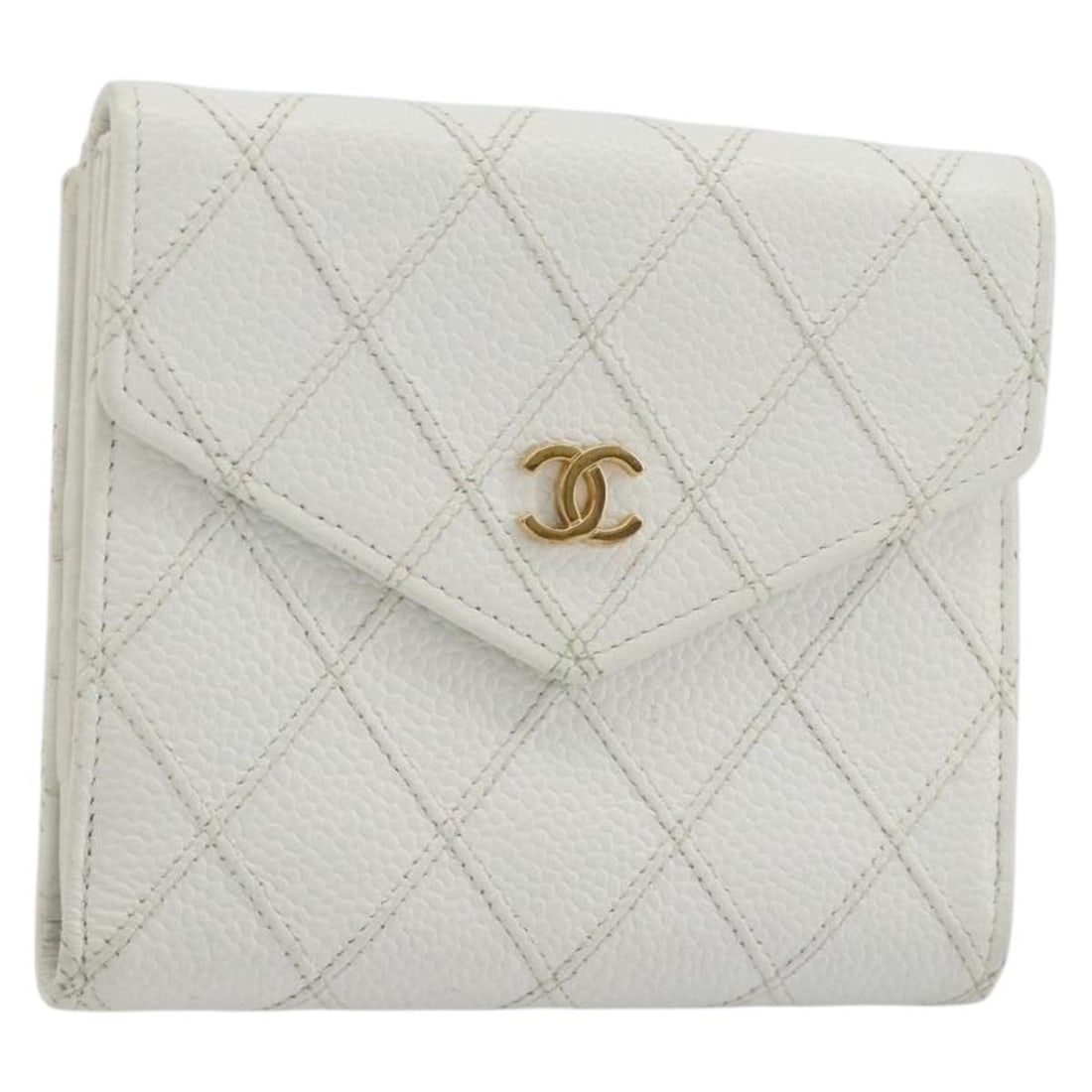 CHANEL Caviar Skin Bifold Wallet White Gold Tone CC France: CHANEL Caviar Skin Bifold Wallet White Gold Tone CC France A CHANEL bifold wallet in white with gold-tone accents, crafted from caviar skin. It comes with the item box and guarantee card and was made 