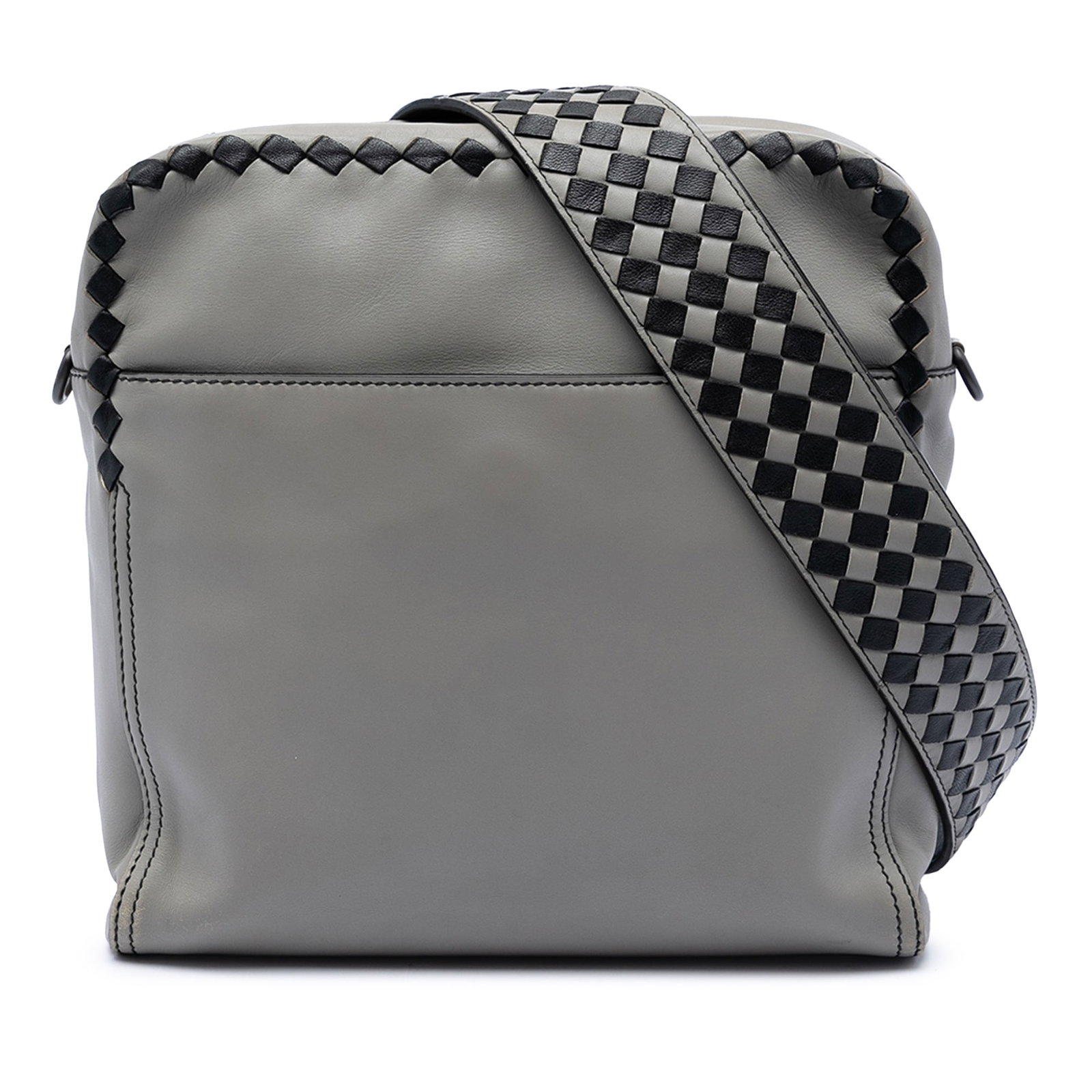 Bottega Veneta gray leather crossbody with Intrecciato trim: Bottega Veneta gray leather crossbody with Intrecciato trim Gray leather crossbody bag with Intrecciato-trimmed detailing and a flat strap with woven leather detail. The bag features a top zip closure