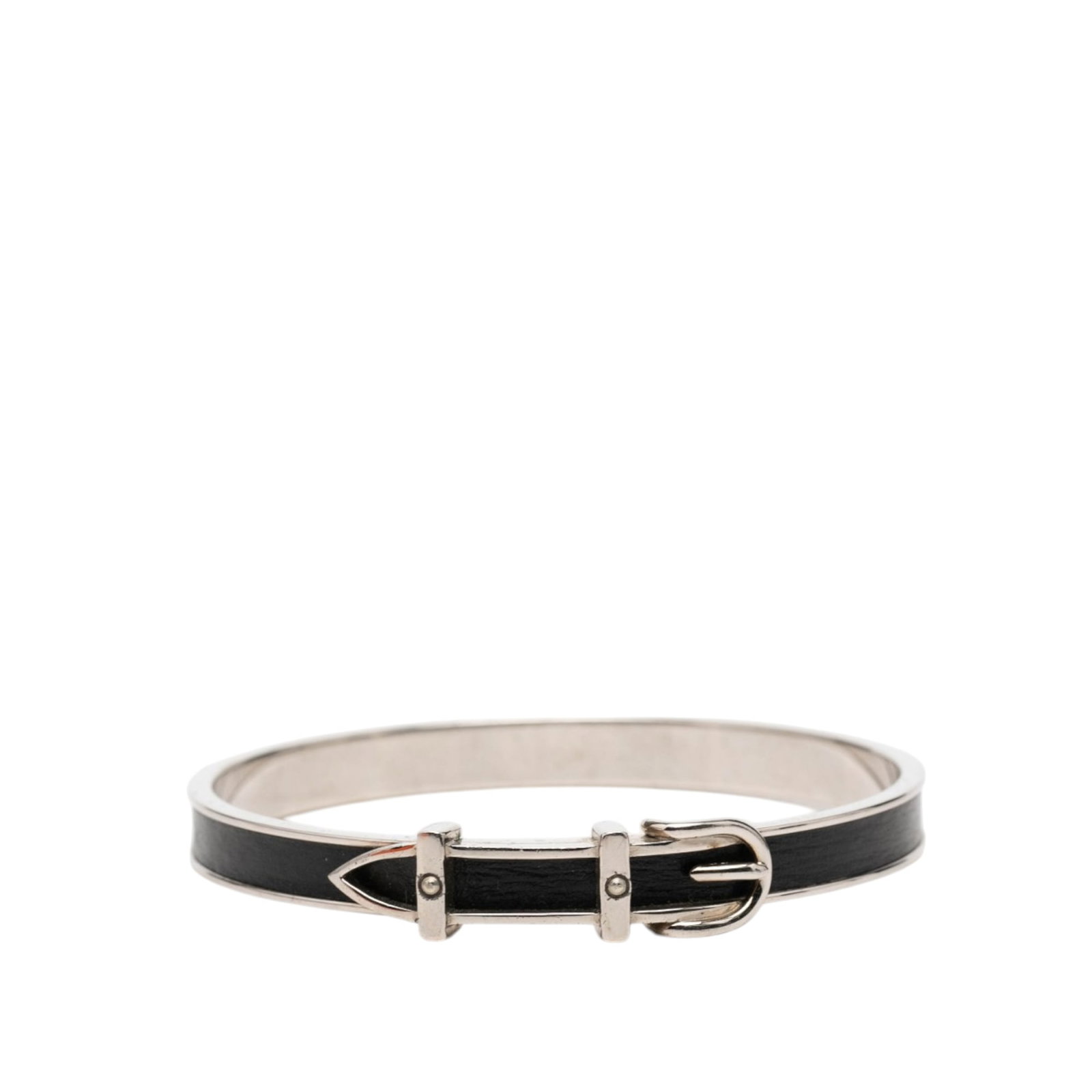 Hermes Leather Palladium Plated Belt Buckle Bracelet: Hermes Leather Palladium Plated Belt Buckle Bracelet This Hermes bangle features a stylish design with a black leather band and palladium plated metal accents, inspired by a classic belt buckle motif.