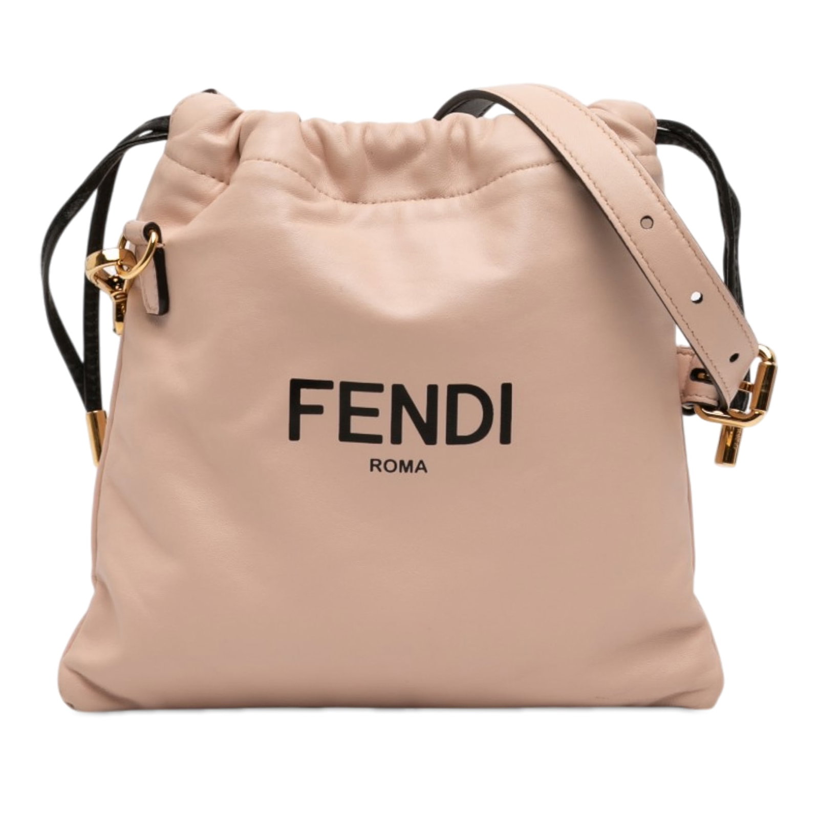 Fendi Roma Small Drawstring Crossbody Bag in Pink Calfskin: Fendi Roma Small Drawstring Crossbody Bag in Pink Calfskin Small Fendi Roma drawstring crossbody bag crafted in pink calfskin leather. It features an adjustable and detachable flat leather strap and a