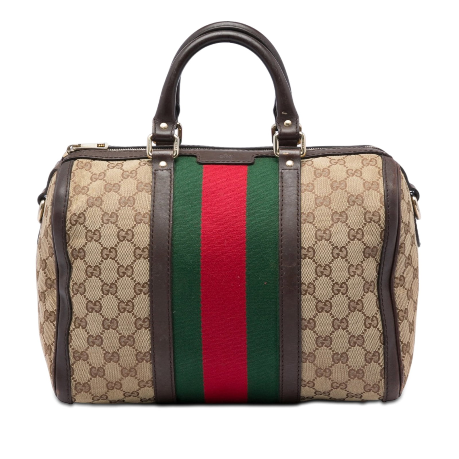 Gucci Joy Boston Satchel Medium GG Canvas Beige Leather Trim: Gucci Joy Boston Satchel Medium GG Canvas Beige Leather Trim A Gucci Medium GG Canvas Web Joy Boston Bag satchel made in Italy. It features a canvas body with leather trim and web detail, rolled leath