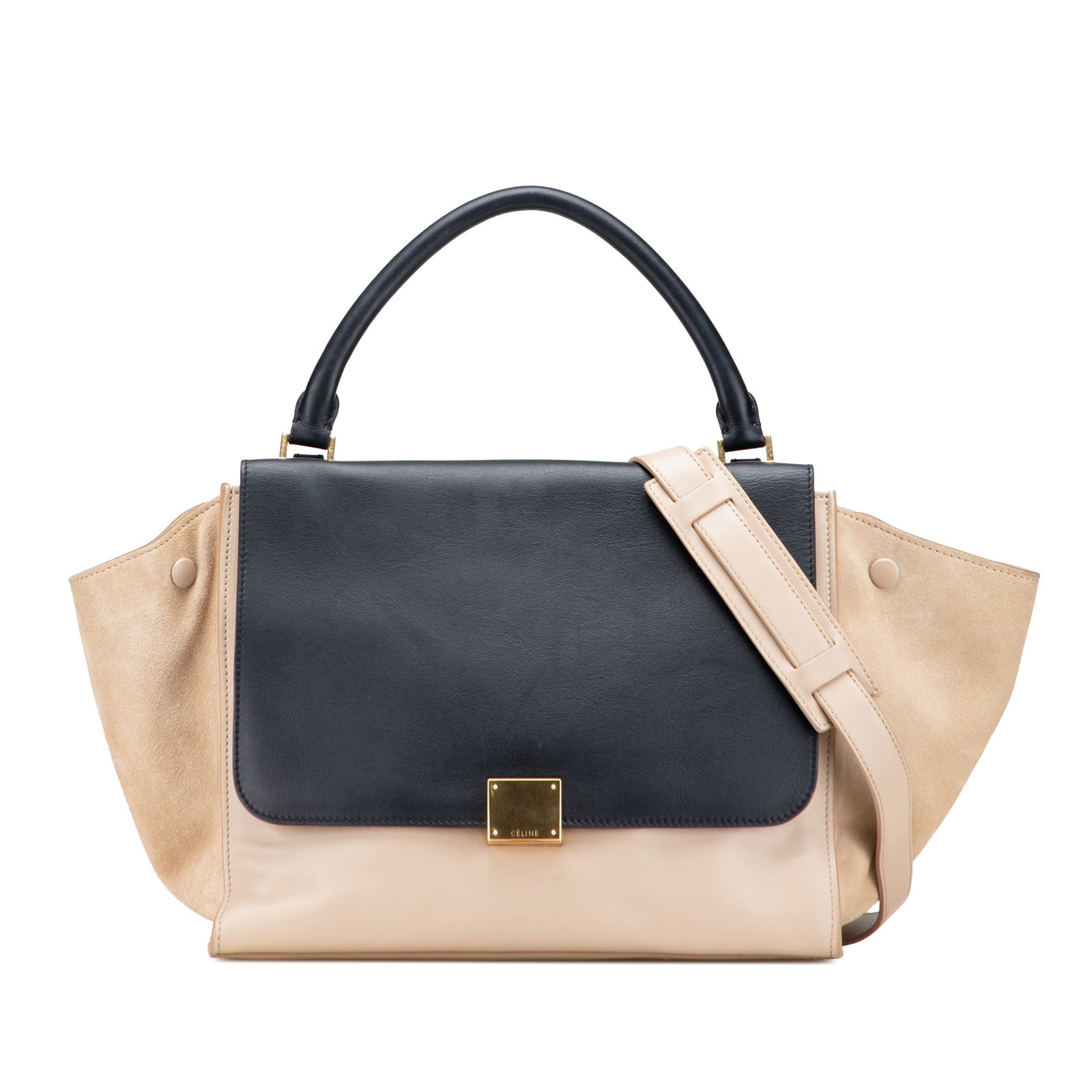 Celine Medium Bicolor Calfskin Suede Trapeze Satchel Brown Italy: Celine Medium Bicolor Calfskin Suede Trapeze Satchel Brown Italy Introducing the Celine Medium Bicolor Calfskin and Suede Trapeze Satchel, a sophisticated accessory combining elegance and functionalit