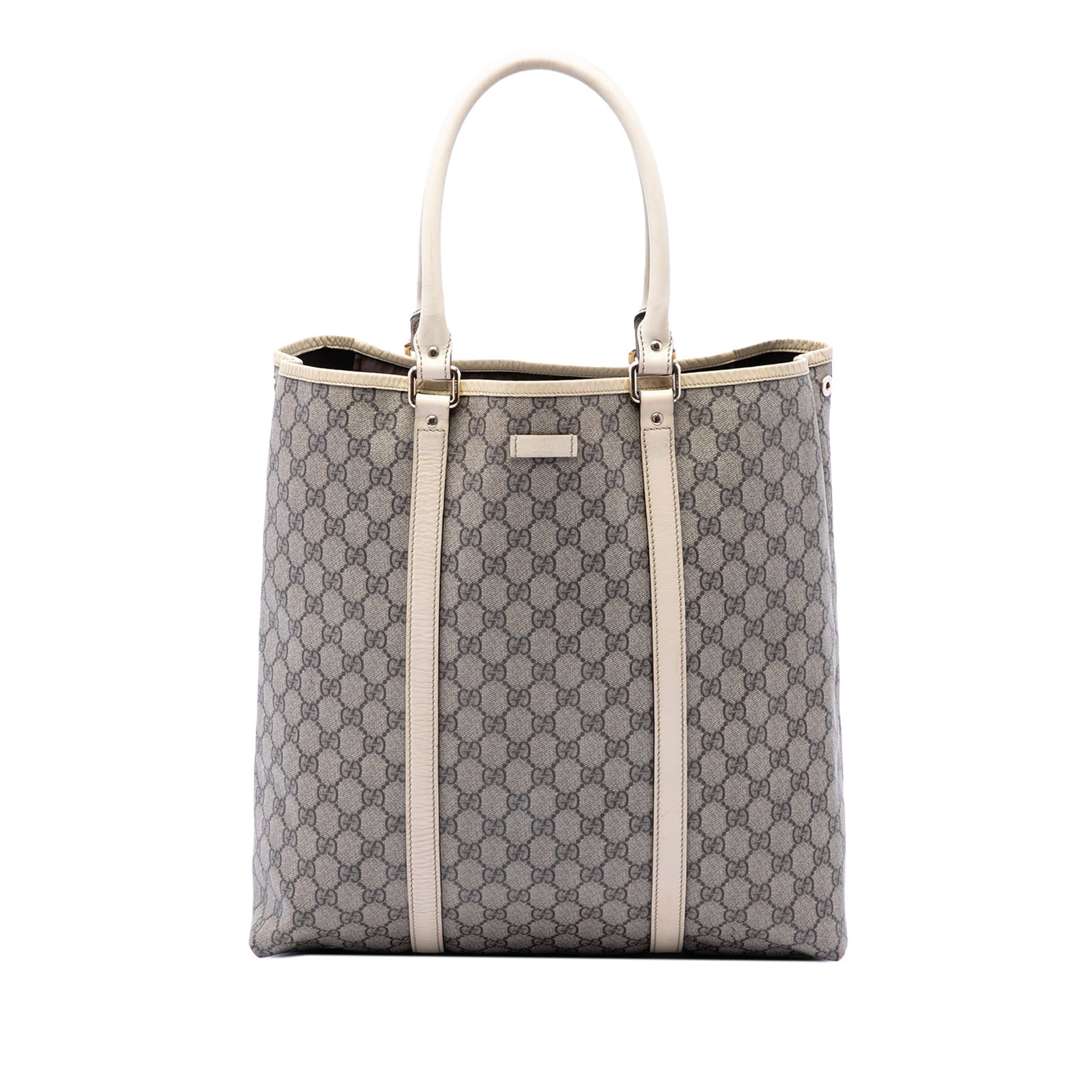 Gucci GG Supreme Joy Tote Bag Vertical Beige Coated Canvas: Gucci GG Supreme Joy Tote Bag Vertical Beige Coated Canvas Gucci GG Supreme Joy Vertical Tote made in Italy. This tote bag features a coated canvas body with leather trim, rolled leather handles, an o