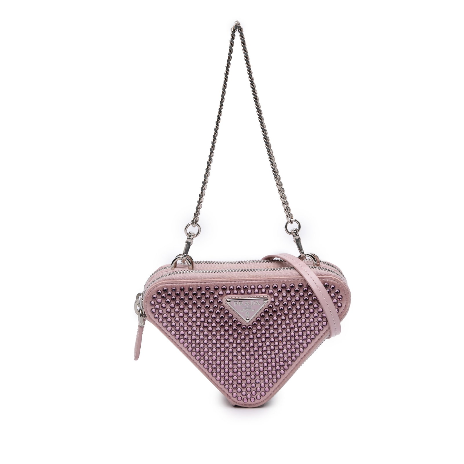 Prada pink crystal embellished triangle pouch with chain handle: Prada pink crystal embellished triangle pouch with chain handle This Prada mini triangle pouch is crafted from leather and satin, featuring crystal embellishments for a striking appearance. It include