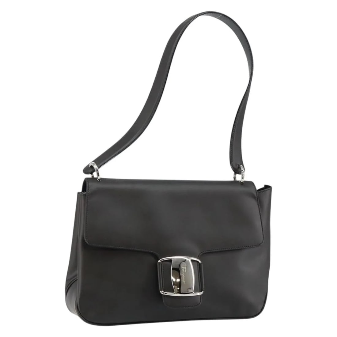 Salvatore Ferragamo Vala black leather shoulder bag: Salvatore Ferragamo Vala black leather shoulder bag This pre-owned Salvatore Ferragamo Vala shoulder bag for women features black leather construction with metal fittings. It shows signs of use includ