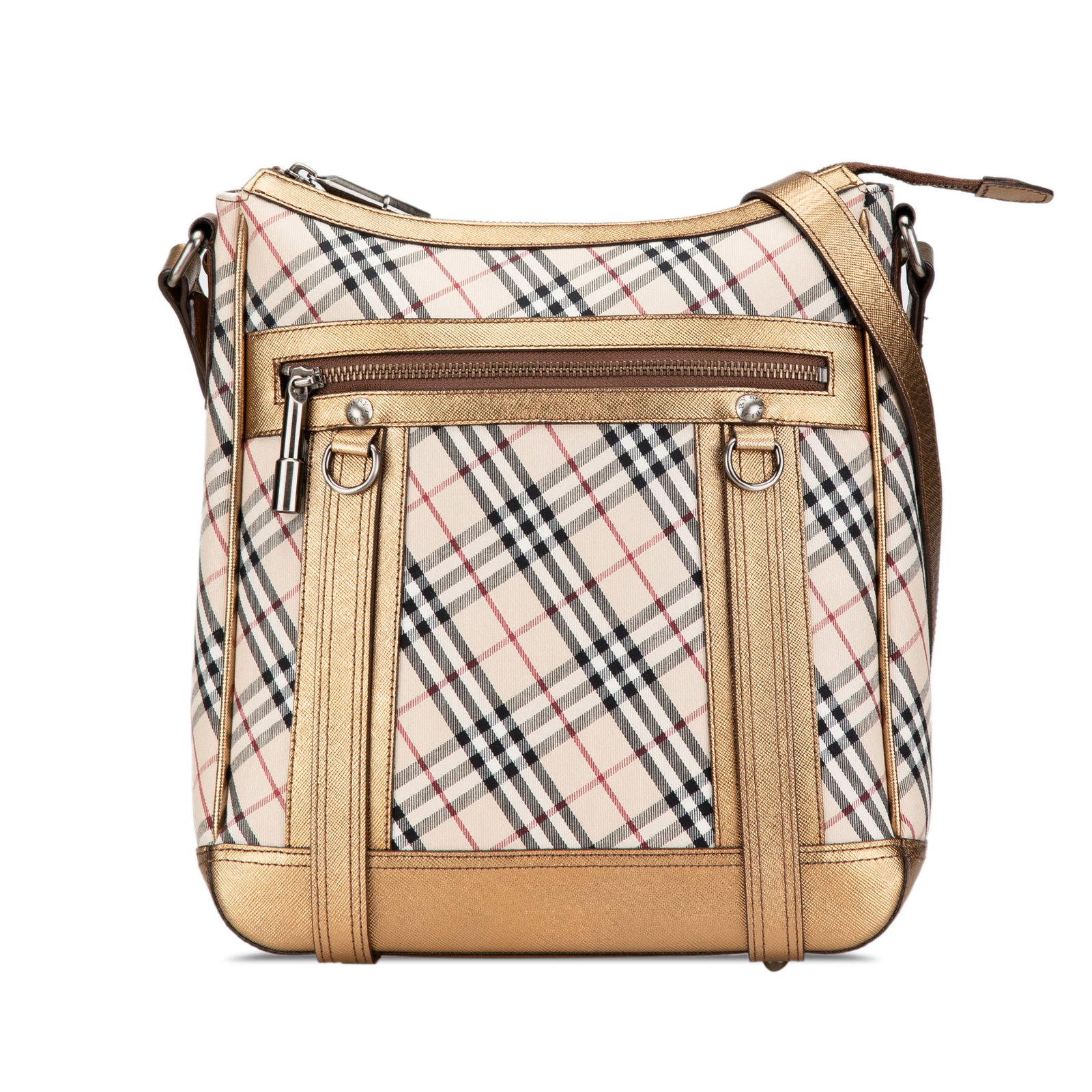 Burberry Nova Check Canvas Bag with Leather Trim: Burberry Nova Check Canvas Bag with Leather Trim This Burberry Nova Check Canvas Crossbody bag features the signature Nova Check canvas with leather trim and a flat leather strap. It offers a top zip 
