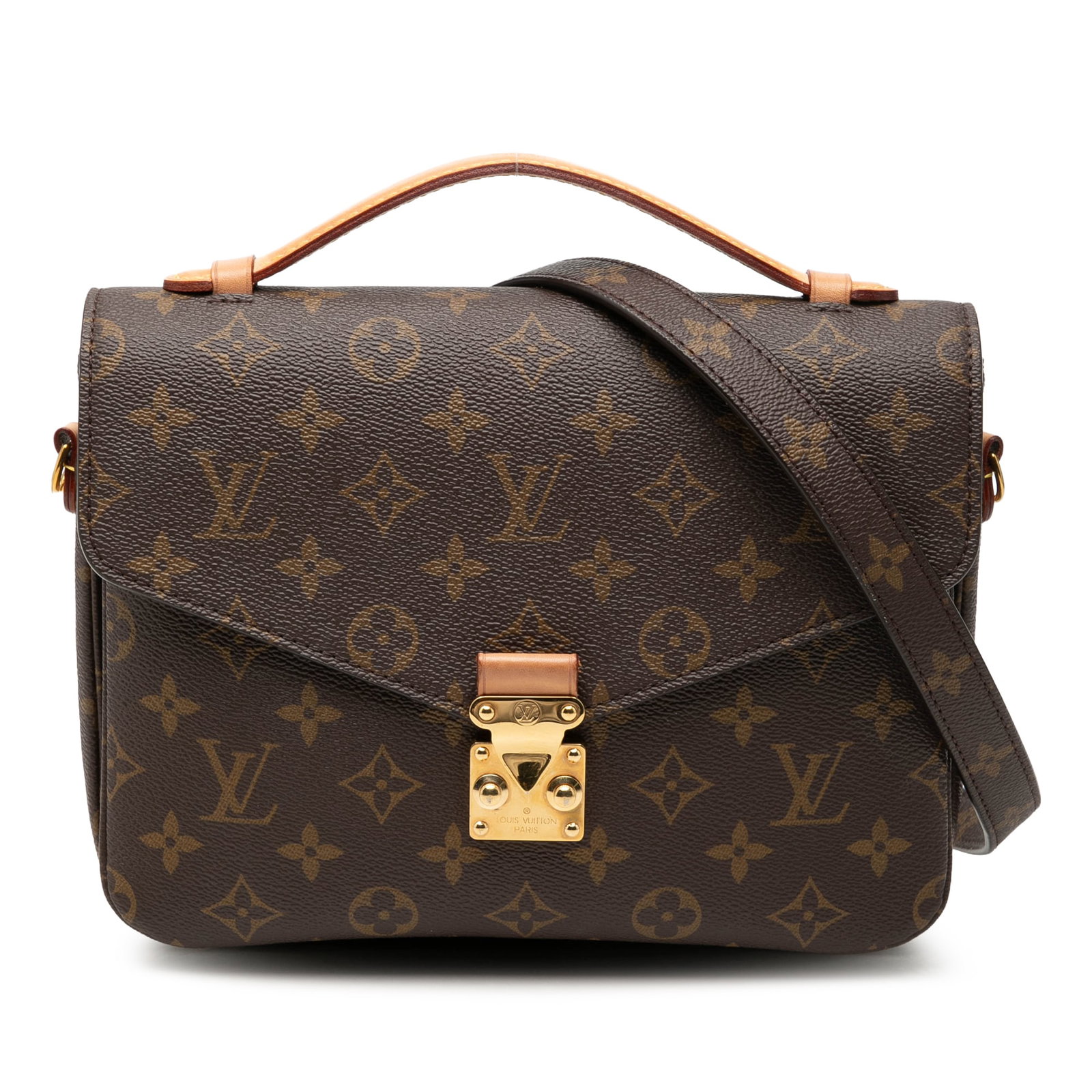 Louis Vuitton Pochette Metis Monogram Canvas Shoulder Bag: Louis Vuitton Pochette Metis Monogram Canvas Shoulder Bag The Louis Vuitton Monogram Pochette Metis is a brown bag made with monogram canvas and a flat vachetta leather top handle. It features a detac